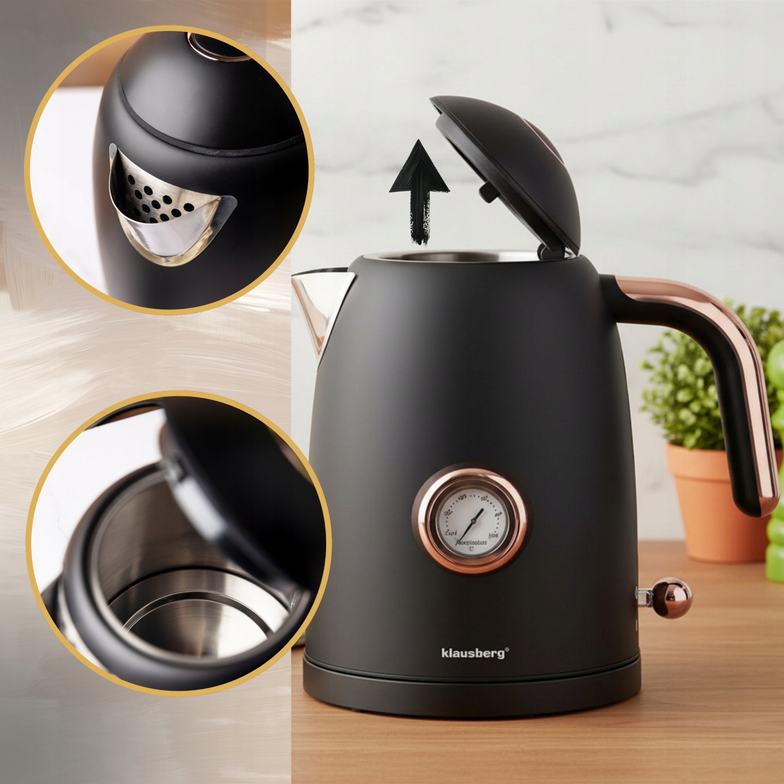 Electric kettle KLAUSBERG Retro 1,7L 2200W with thermometer black Material metal synthetic material