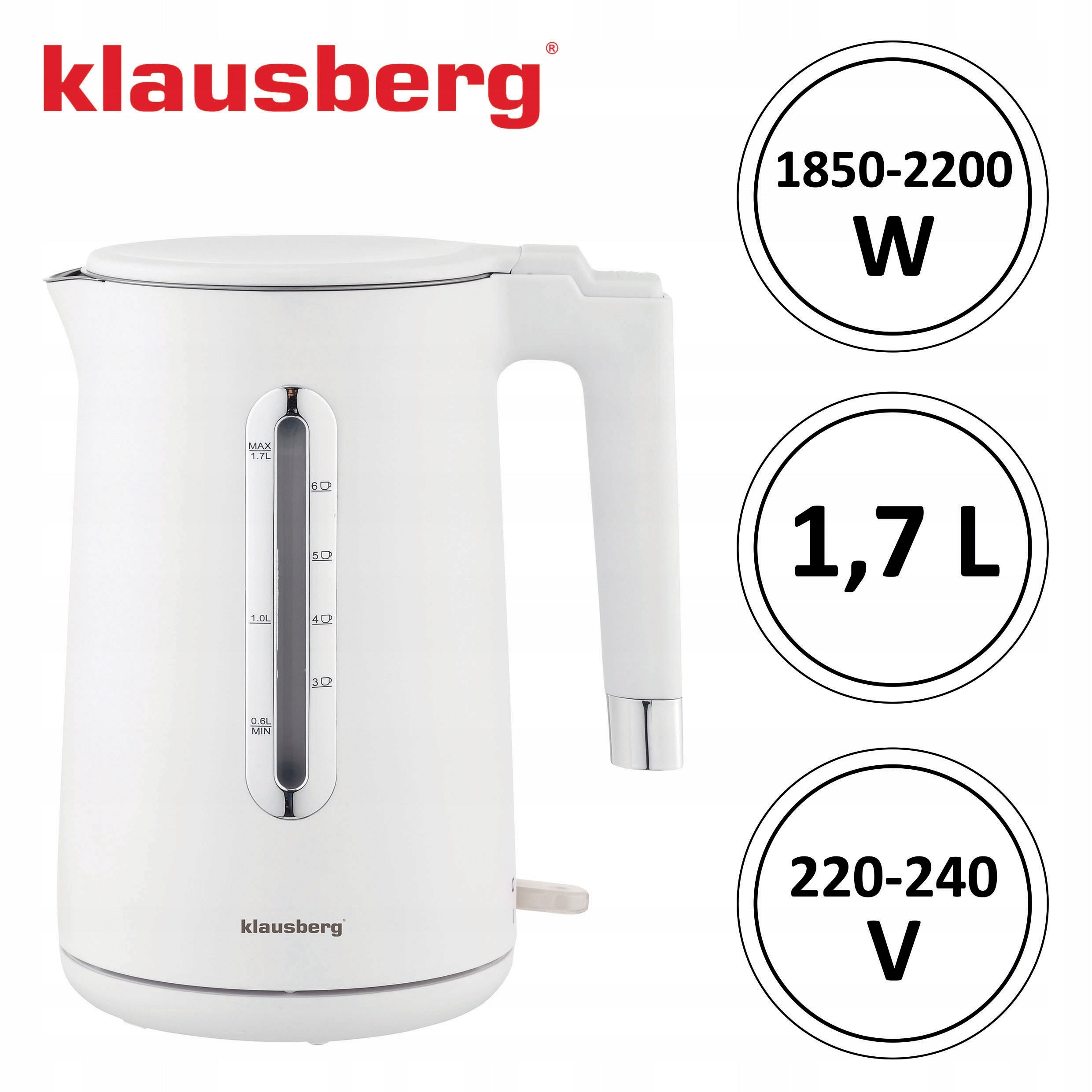 Electric kettle Klausberg KB-7890 1.7L steel 304 white filter 2200W Manufacturer code KB-7890