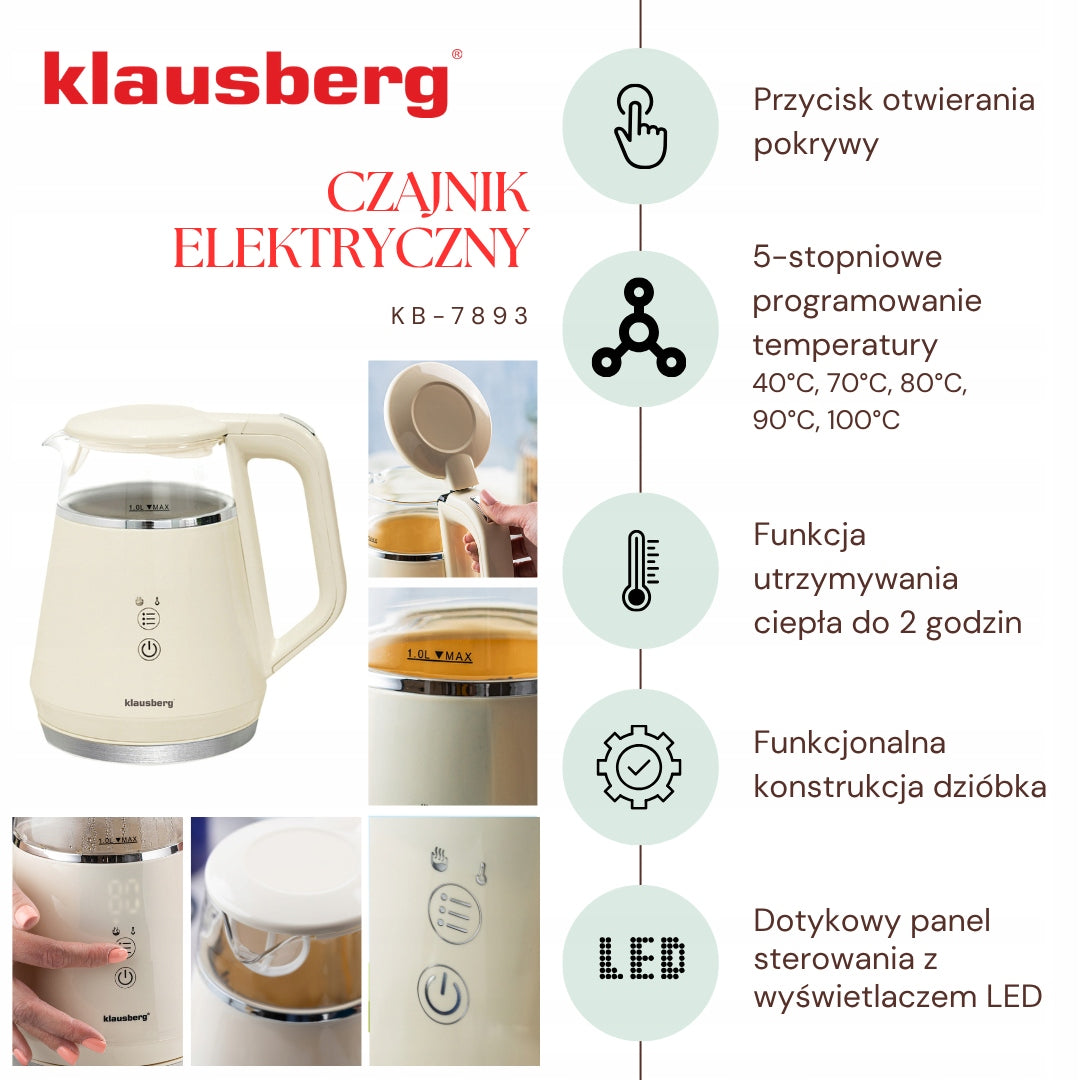Electric kettle Klausberg KB-7893 glass LED 1L Temperature programs Power 1100 W