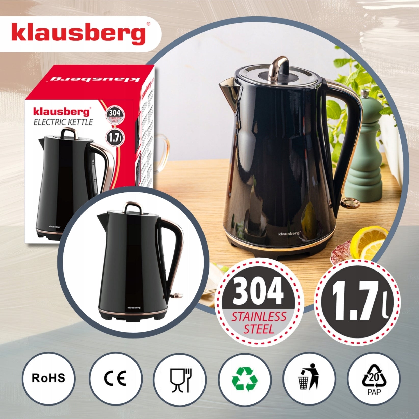 Electric kettle Klausberg KB-9015 1.7L stainless steel 304 Black Manufacturer code KB-9015