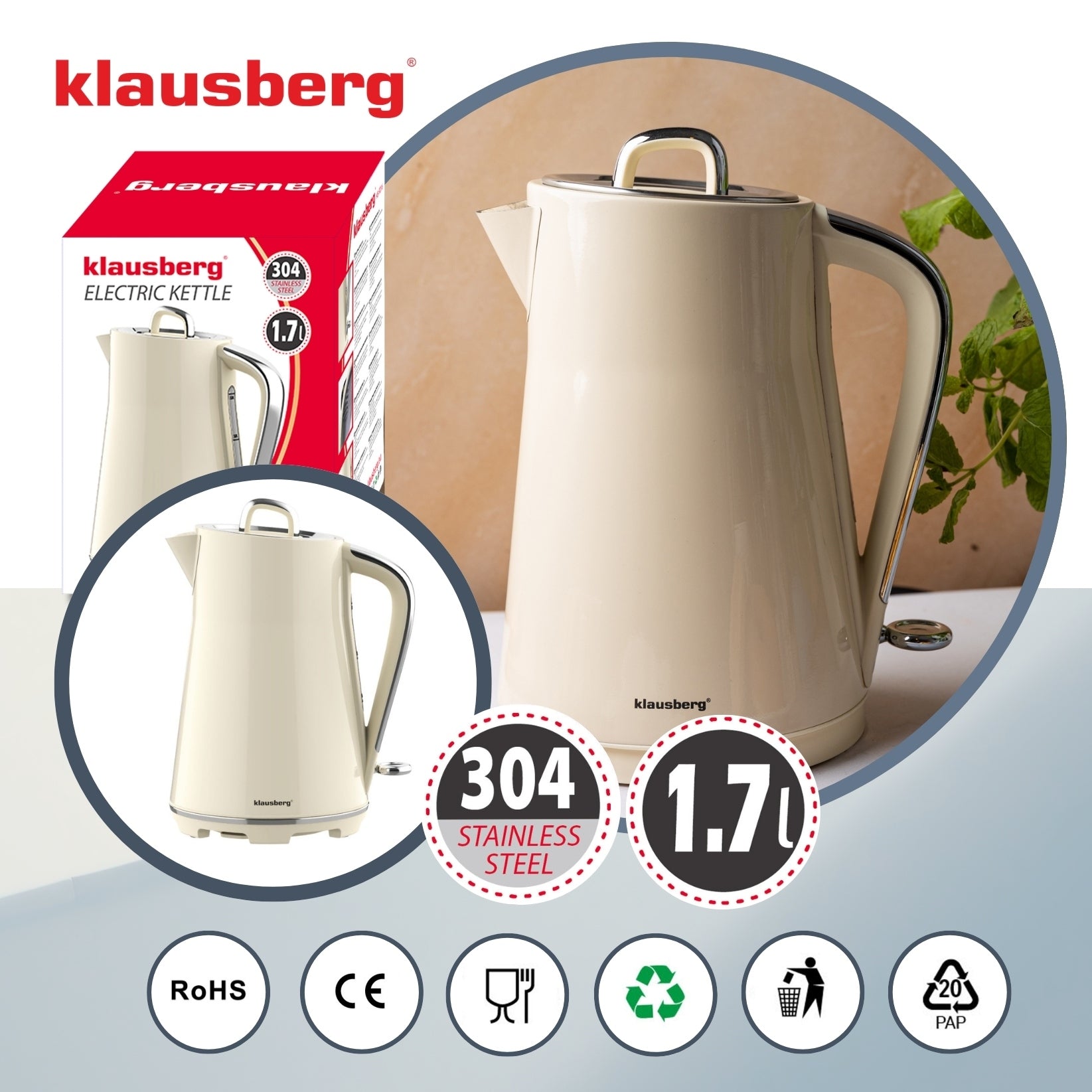 Electric kettle Klausberg KB-9016 1.7L stainless steel 304 Cream Manufacturer code KB-9016