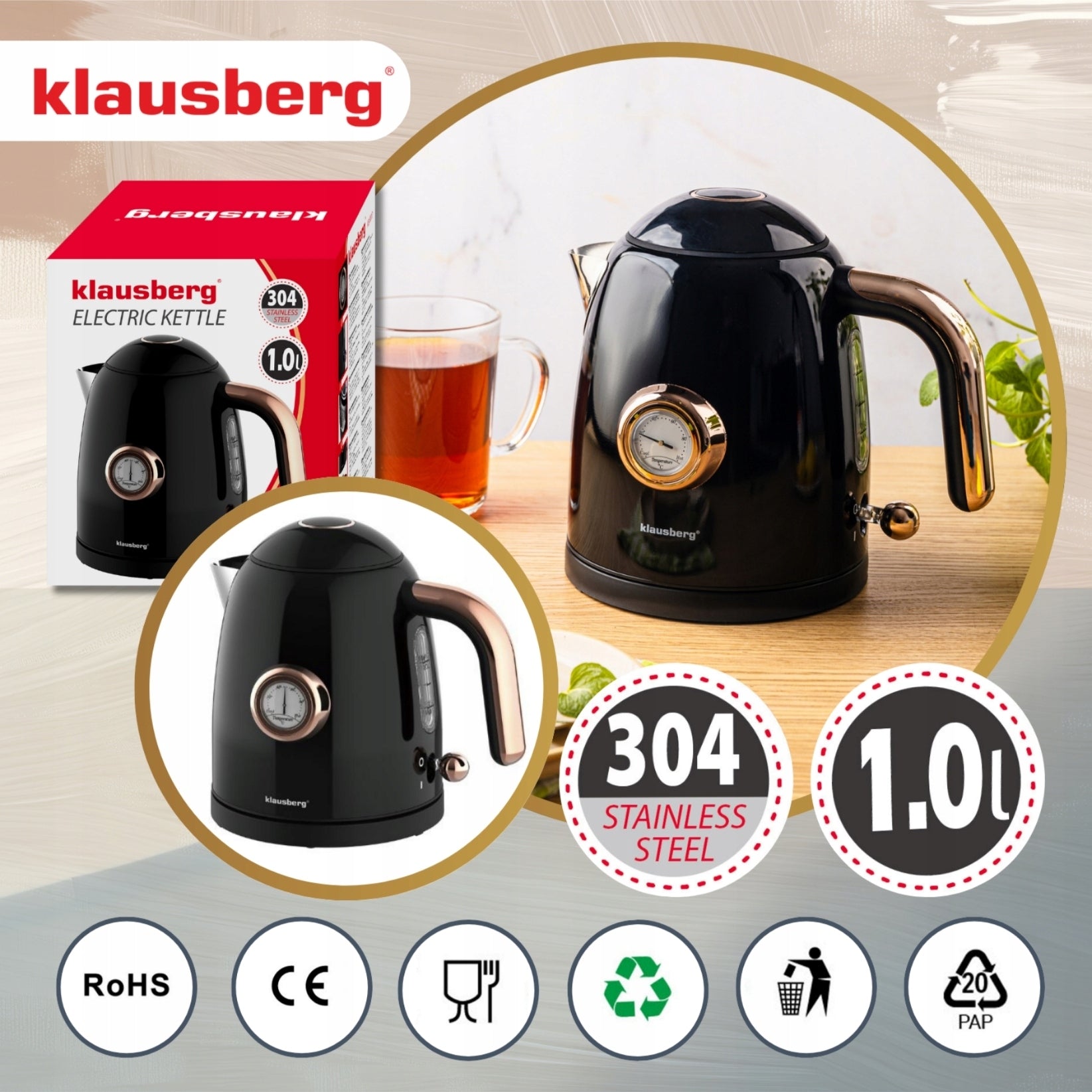 Electric kettle Klausberg KB-9017 1.0L Retro thermometer Wireless Manufacturer code KB-9017