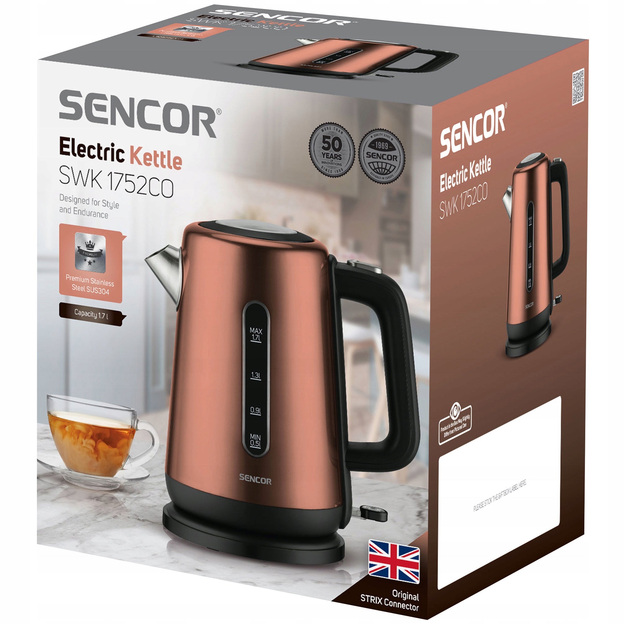 Electric kettle Sencor SWK1752CO 2200W 1.7L 360° STRIX Copper steel Material metal synthetic material