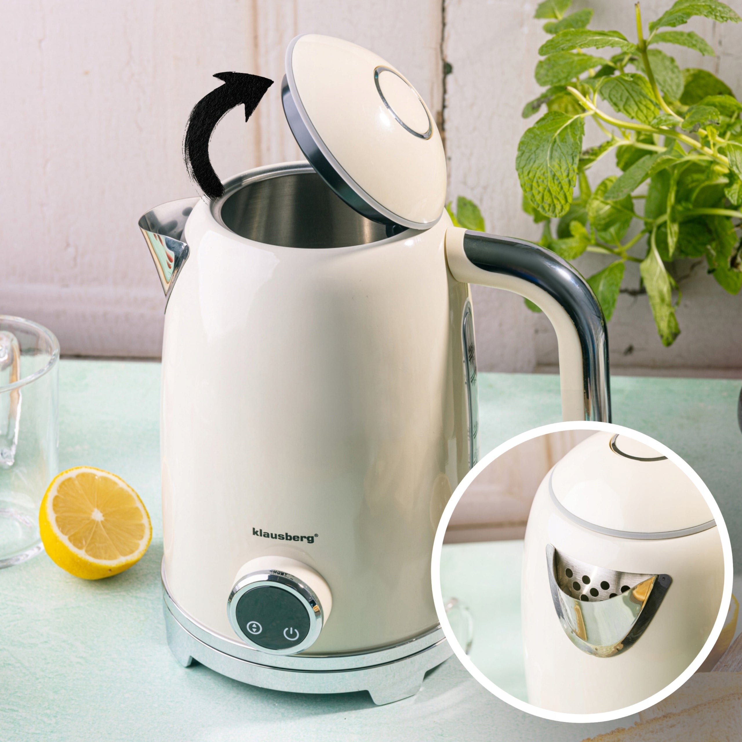 Electric kettle Wireless Thermometer 1,7L LED steel 304 KLAUSBERG Model Czajnik Elektryczny RETRO z termometrem
