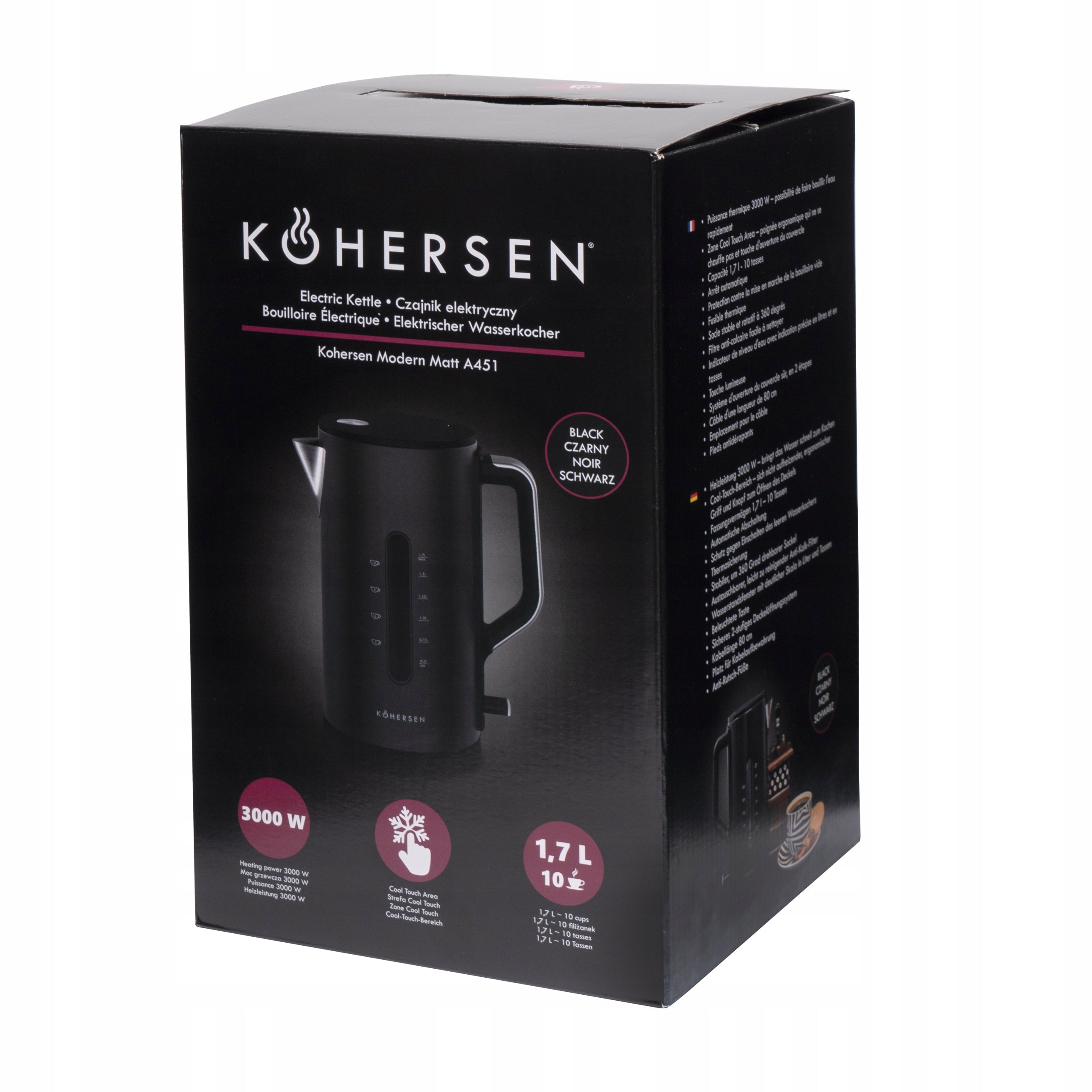 Electric kettle black metal steel cordless Kohersen 3000W Model Modern Matt