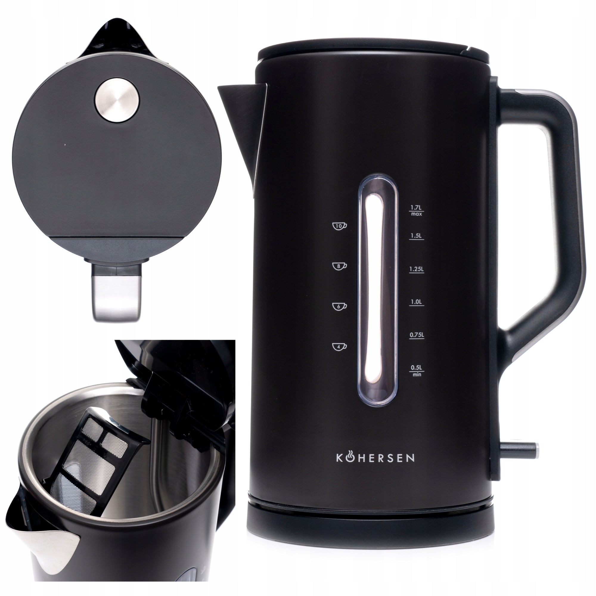 Electric kettle black metal steel cordless Kohersen 3000W