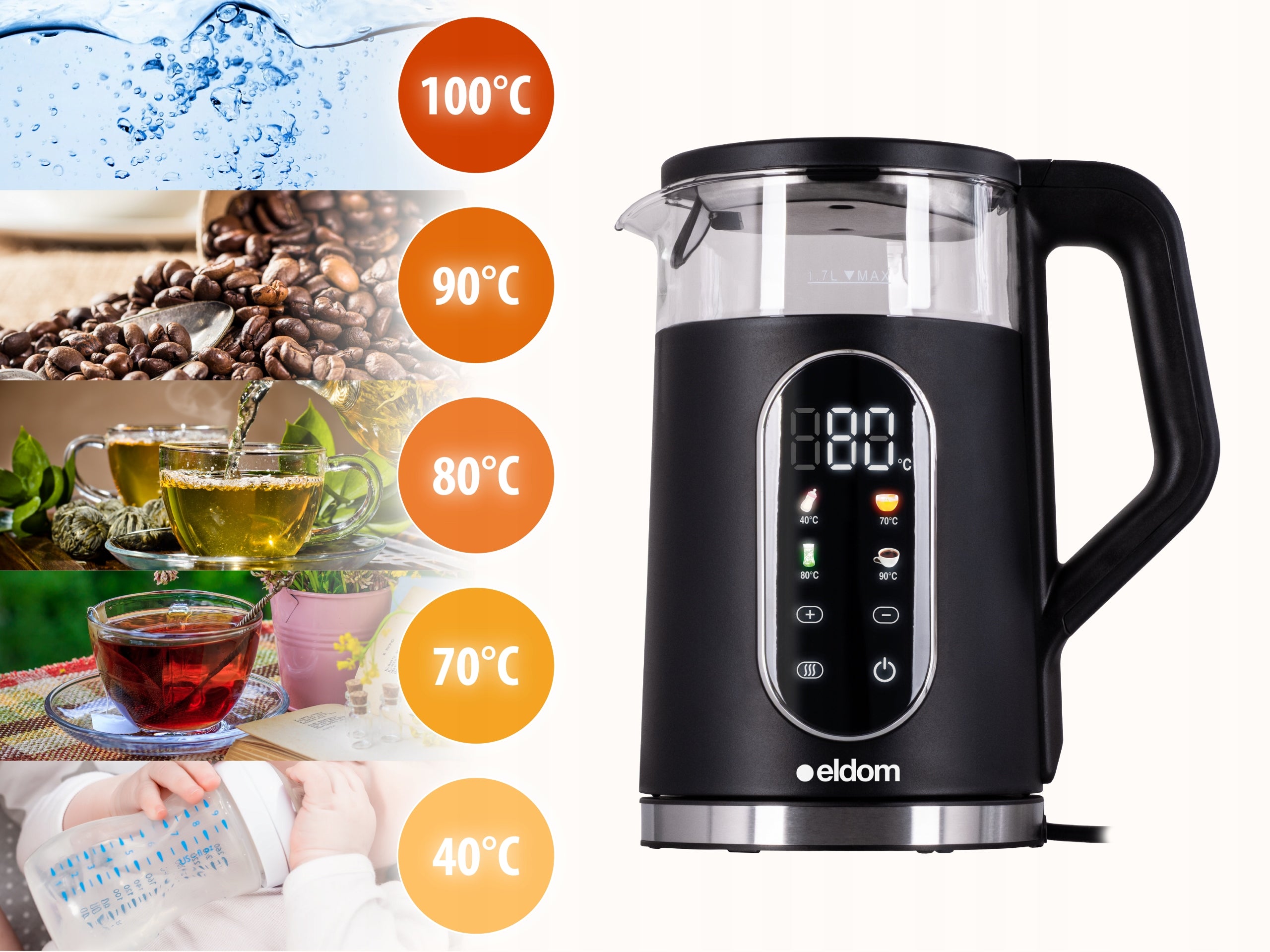 Electric kettle wireless adjustment touch panel 2200W 1,7L Eldom Power 2200 W