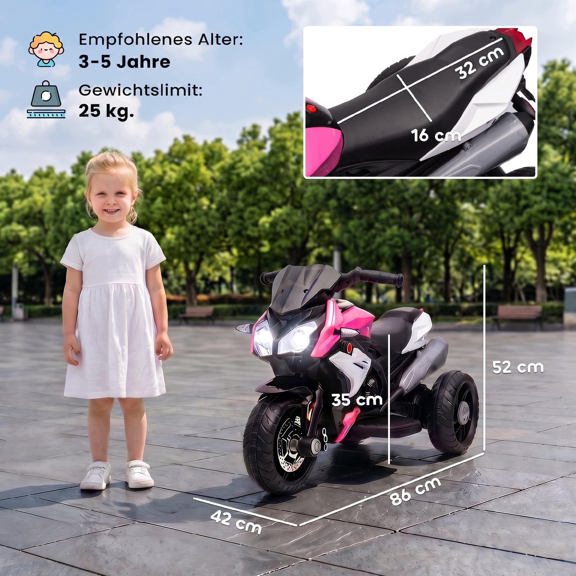 Electric motorbike for children HOMCOM with music, 3 km/h, 3-5 years old, pink Brand Homcom