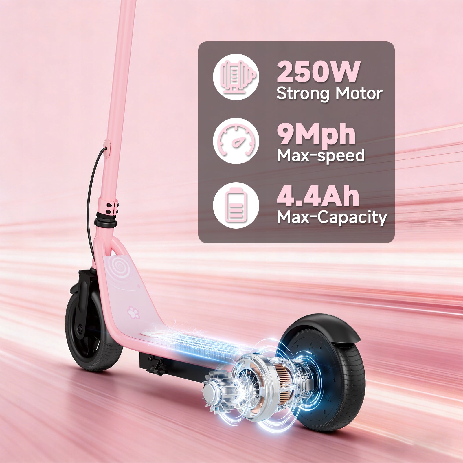 Electric scooter for children,15KM/H 16 km Range Foldable LED,Pink Engine power 250 W