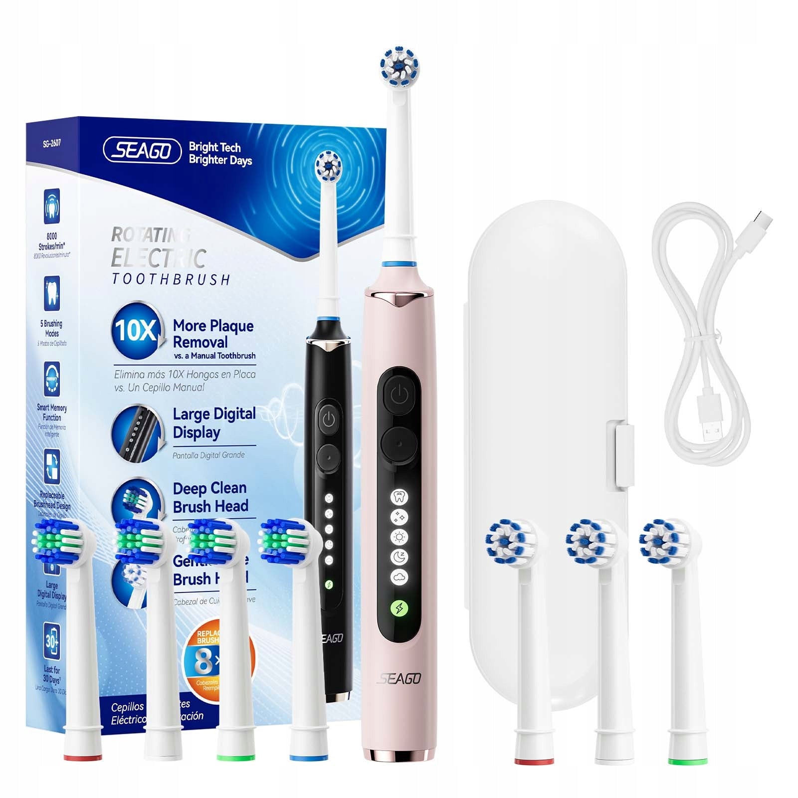 Electric toothbrush Seago SG-2607 with case and 8 tips pink