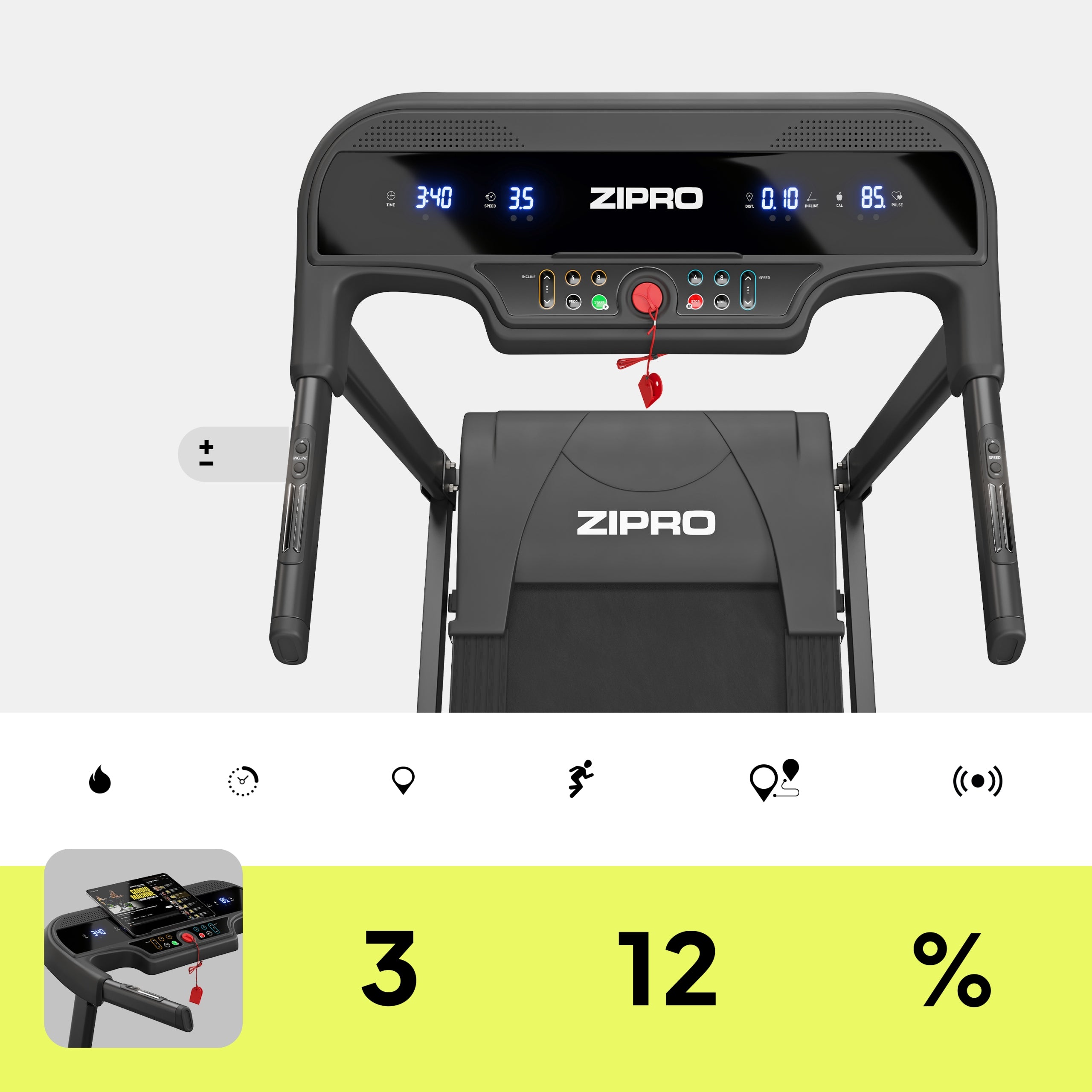 Electric training treadmill with inclination angle adjustment - Pulse Zipro Model Pulse