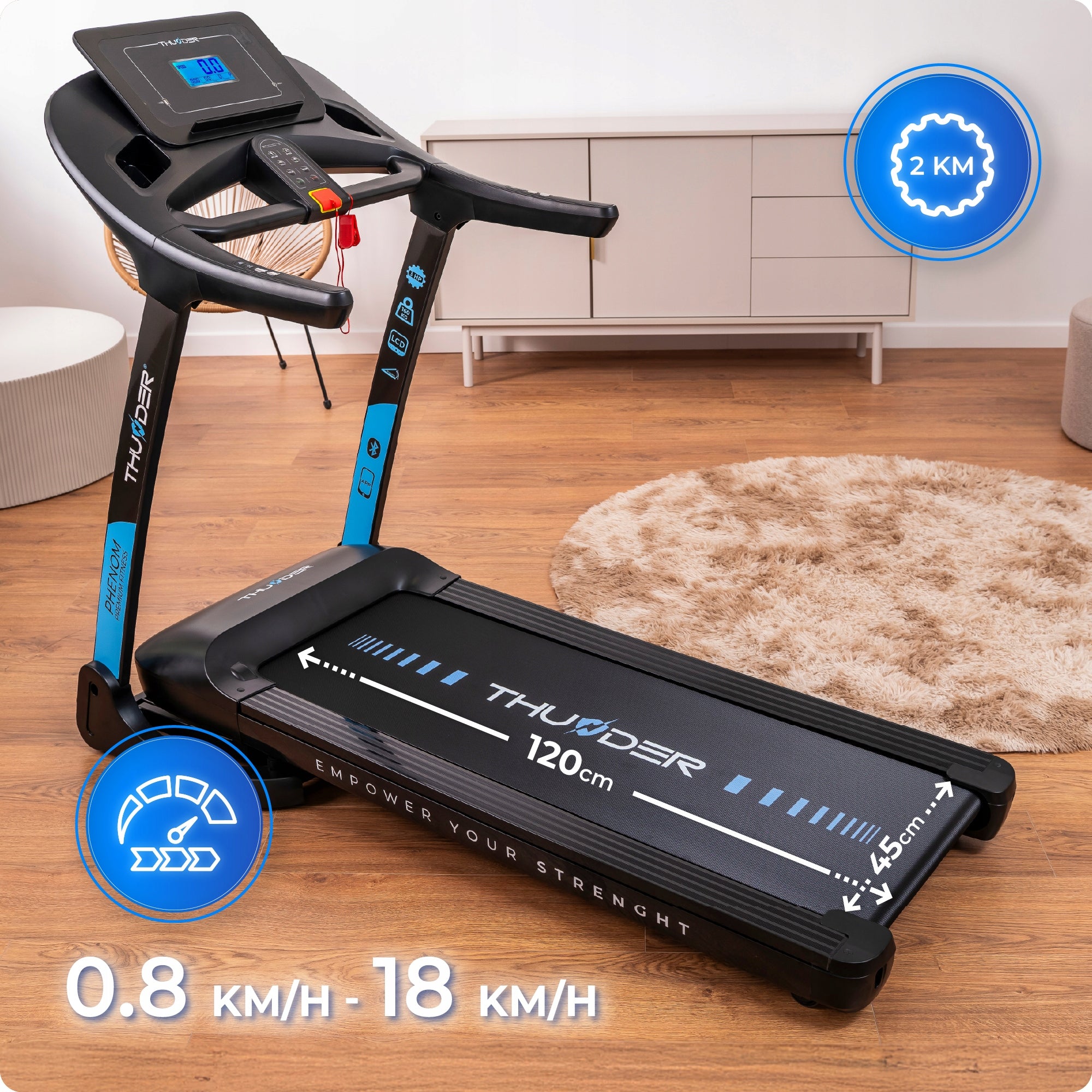 Electric treadmill 18 km/h 160kg home PAS 45CM APPLICATION lift THUNDER Manufacturer code PHENOM-S-BLACK