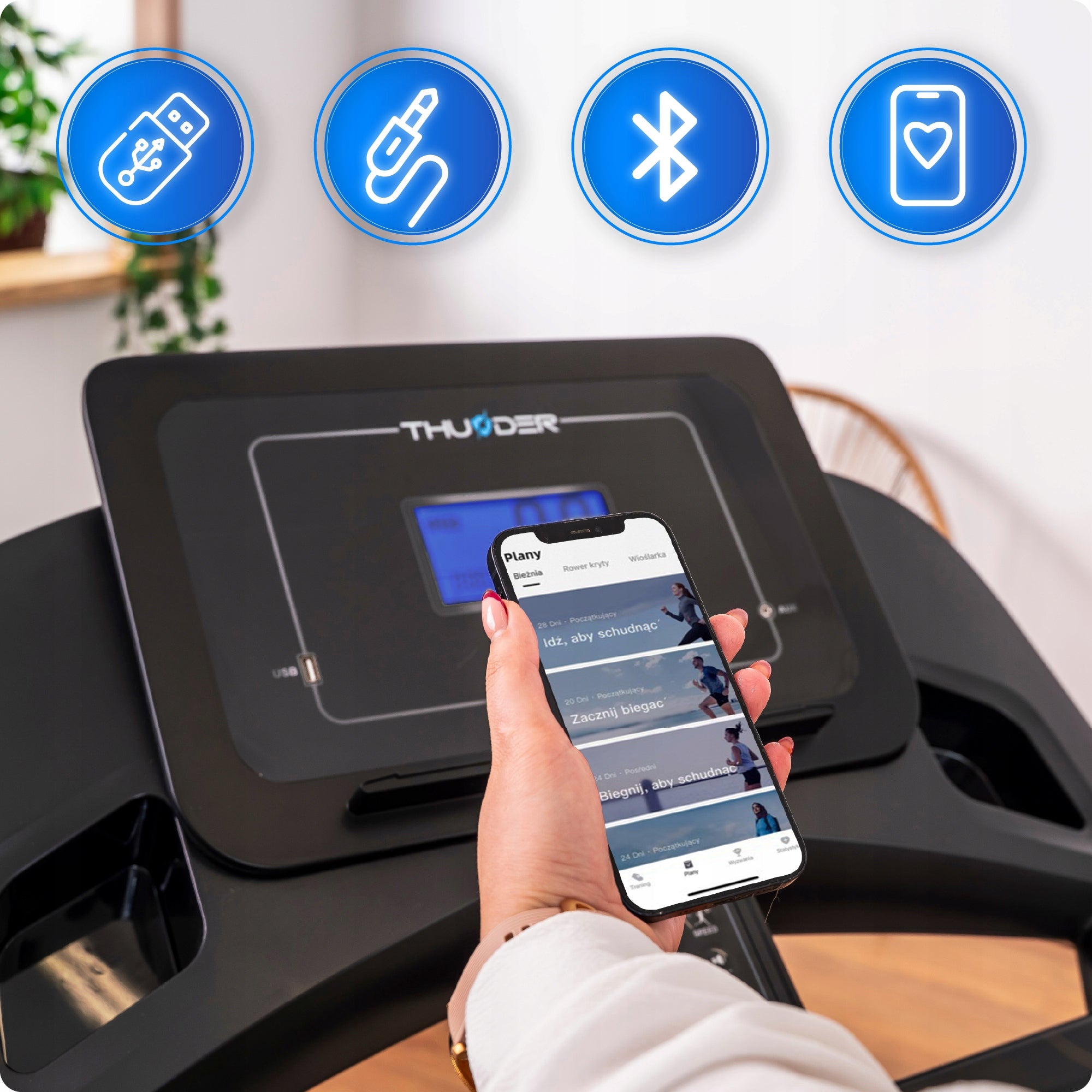 Electric treadmill 18 km/h 160kg home PAS 45CM APPLICATION lift THUNDER Measurements training duration distance speed pulse burned calories fat
