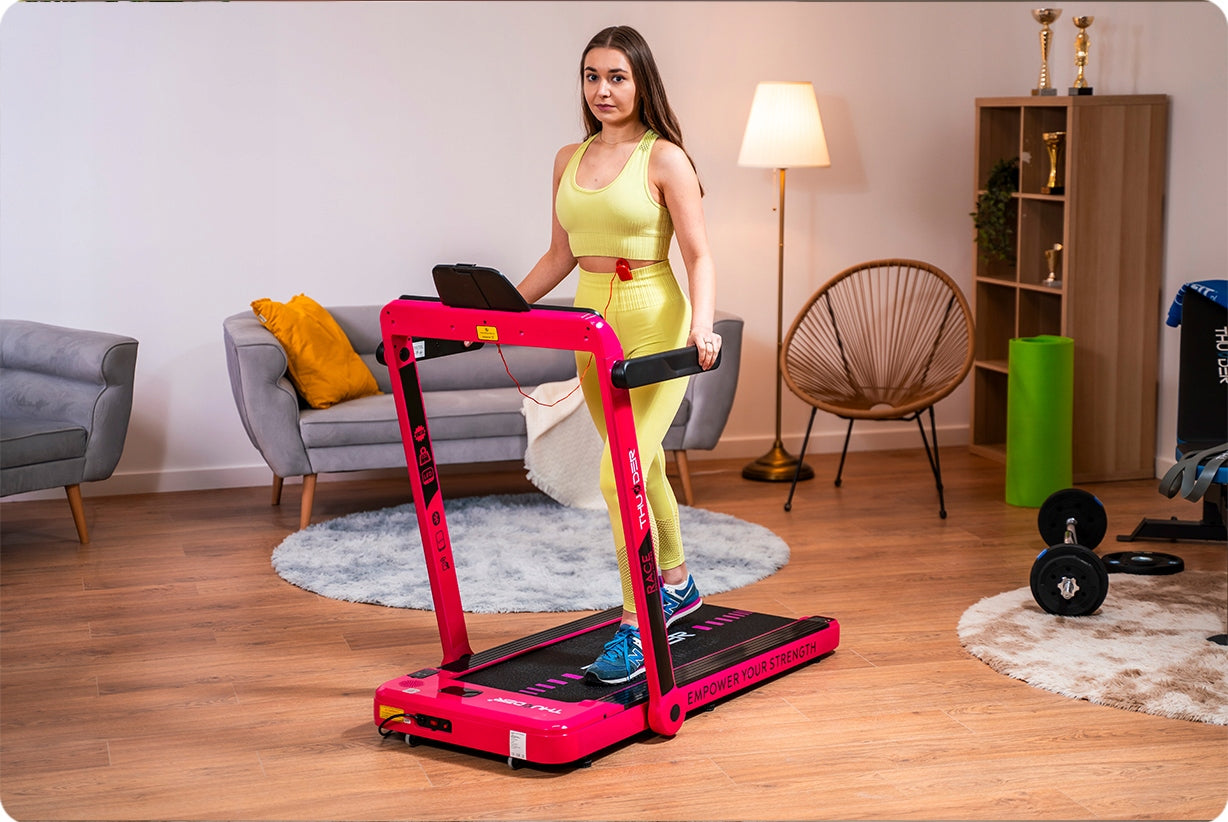 Electric treadmill Thunder RACE-PINK 0,8 – 14 km/h 130 kg folding application Measurements training duration distance speed