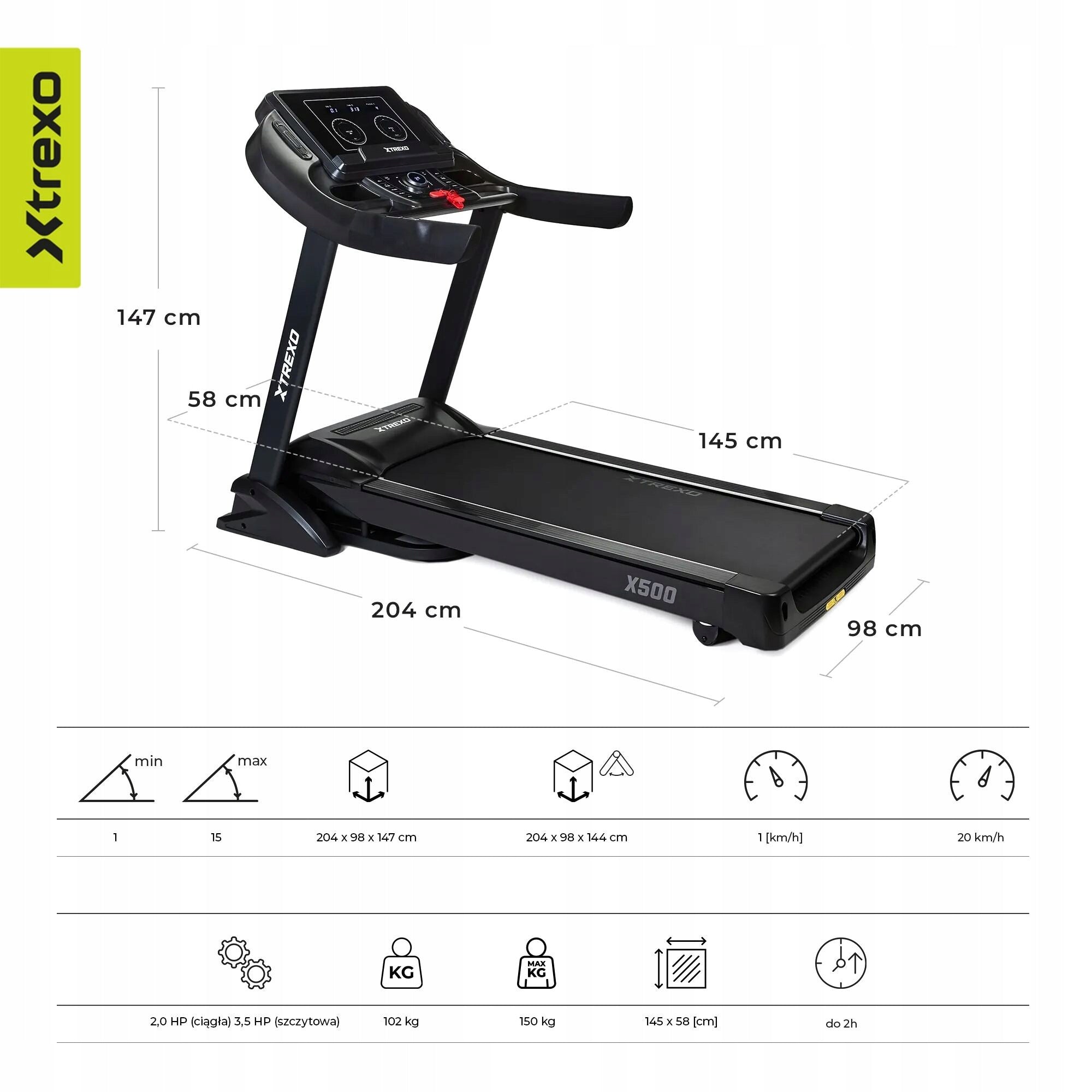 Electric treadmill XTREXO TXO-X500 black 1-20KM/H Folding Adjustable Manufacturer code TXO-X500 TXO-B4W011