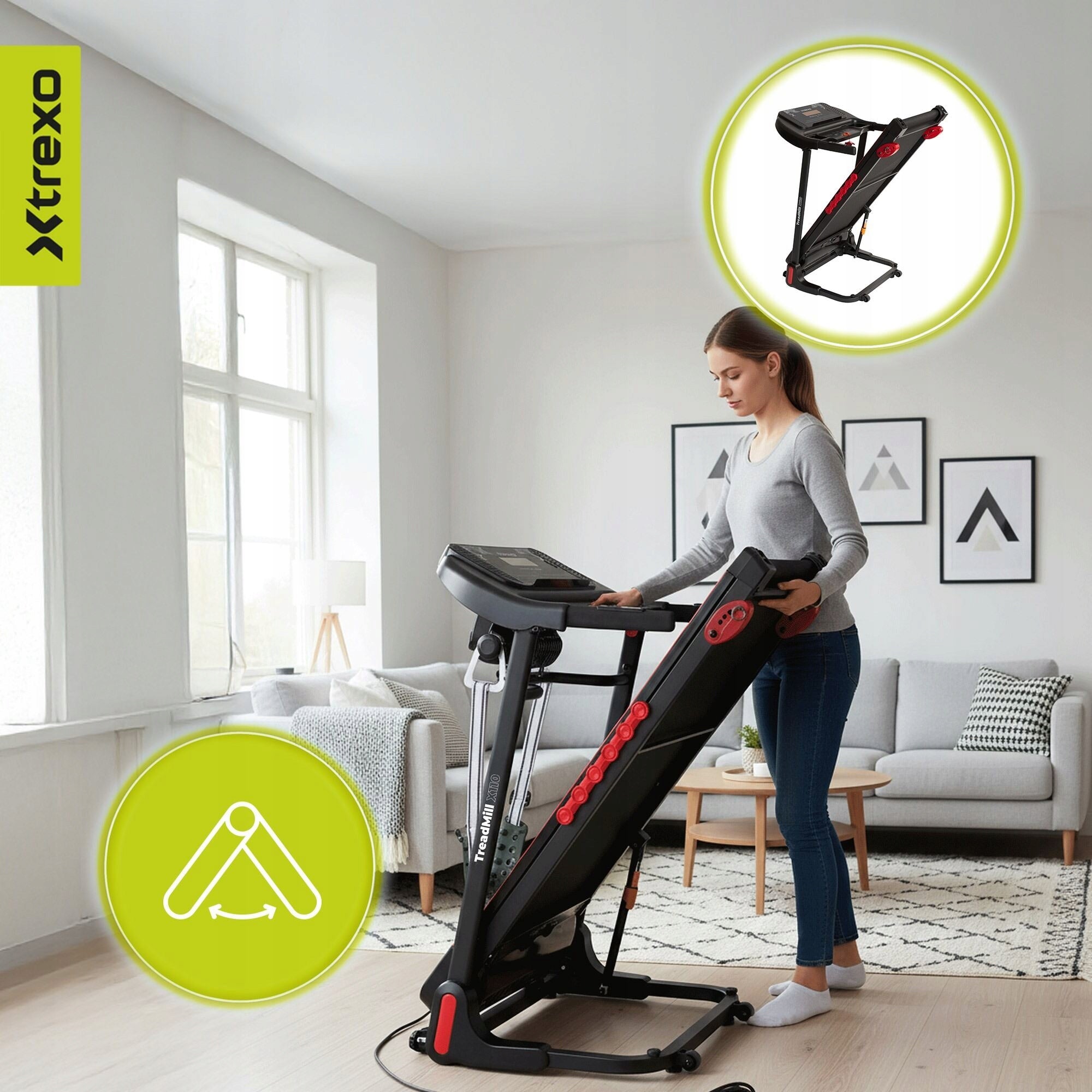 Electric treadmill XTREXO X110 black OS HOME ANGLE ADJUSTMENT FOLDING Additional features safety key transport wheels place for mobile phone/tablet foldable tilt angle adjustment display
