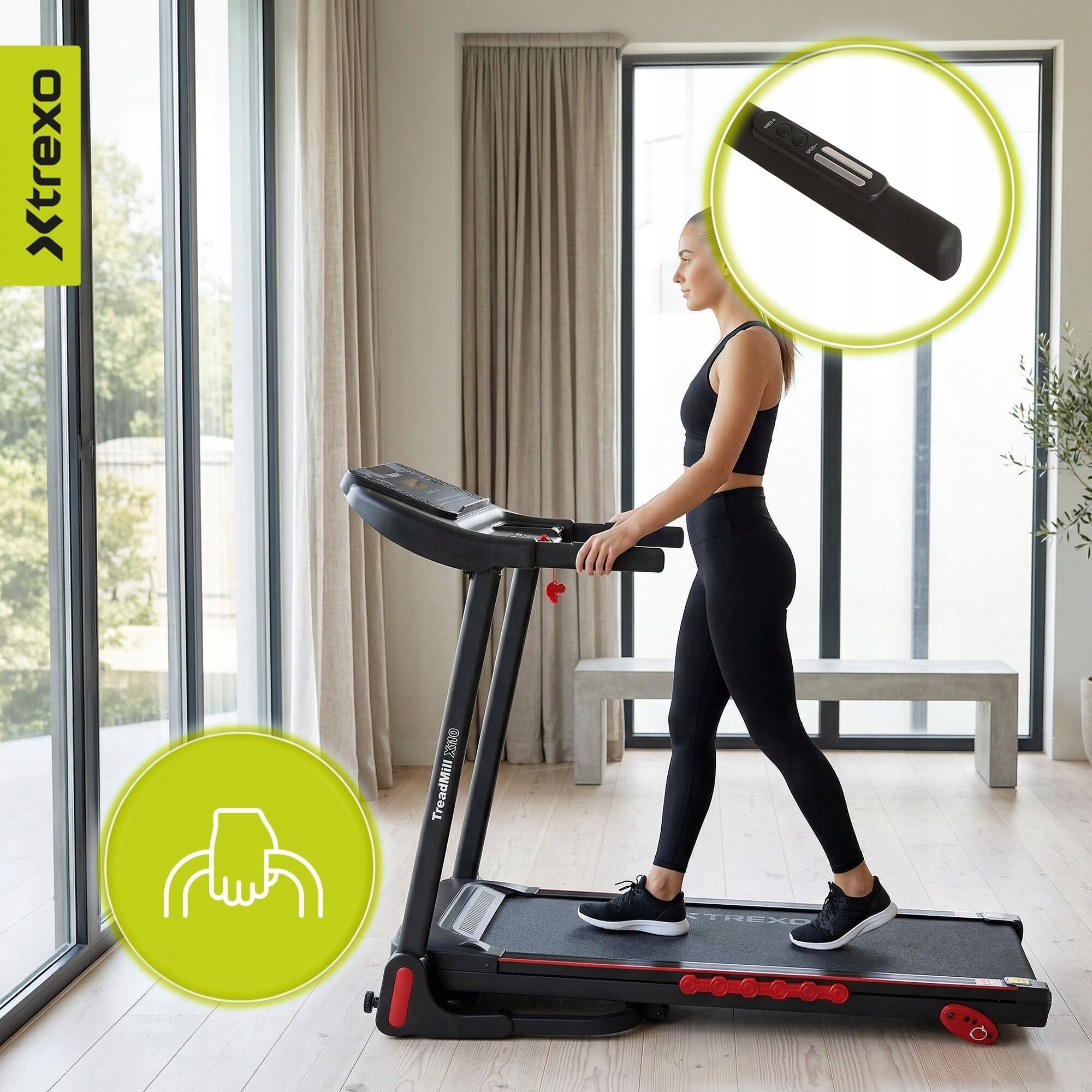 Electric treadmill XTREXO X110 black OS HOME ANGLE ADJUSTMENT FOLDING Measurements training duration distance speed pulse burned calories