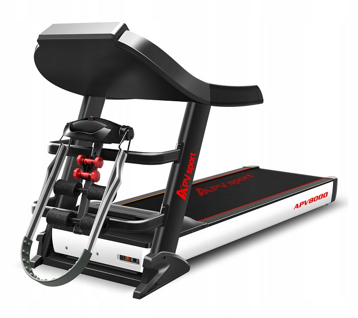 Electric treadmill, power 10HP, load180kg, v-max 25km/h, touch screen Measurements training duration distance number of steps speed pulse burned calories fat