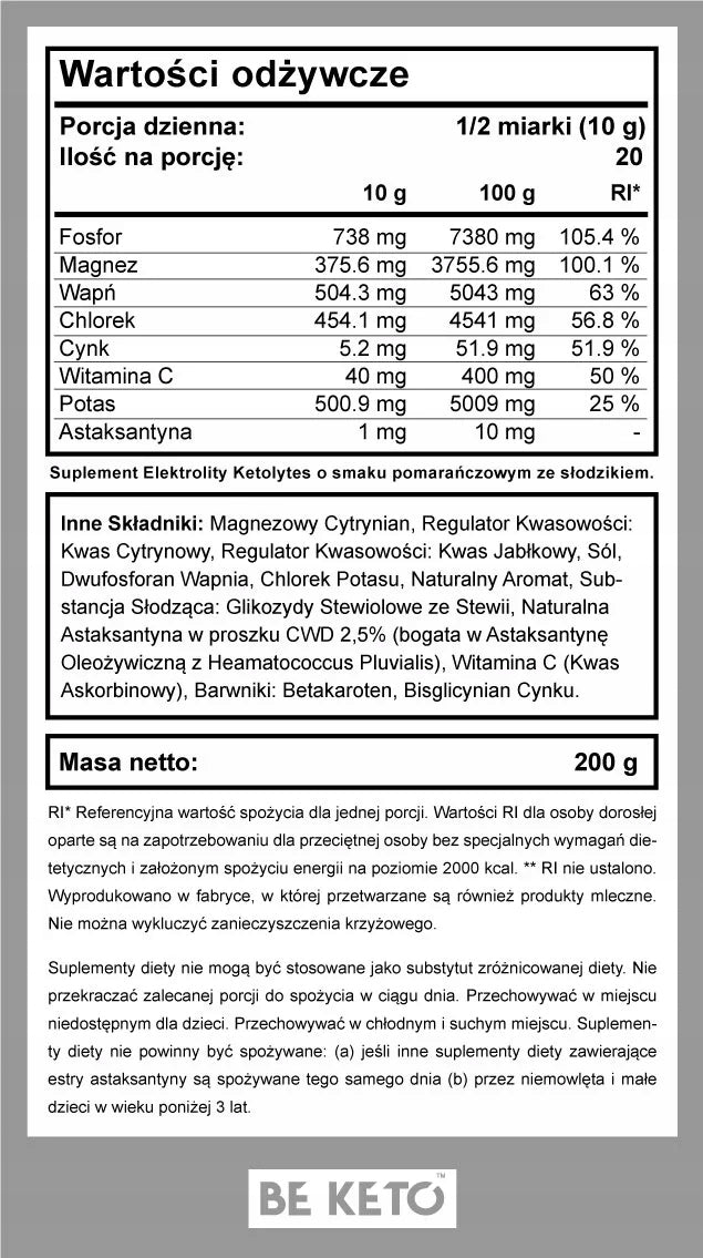 Electrolytes BeKeto Ketolytes Astaxanthin & Vitamin C Orange 200 g Manufacturer code BEK-1208