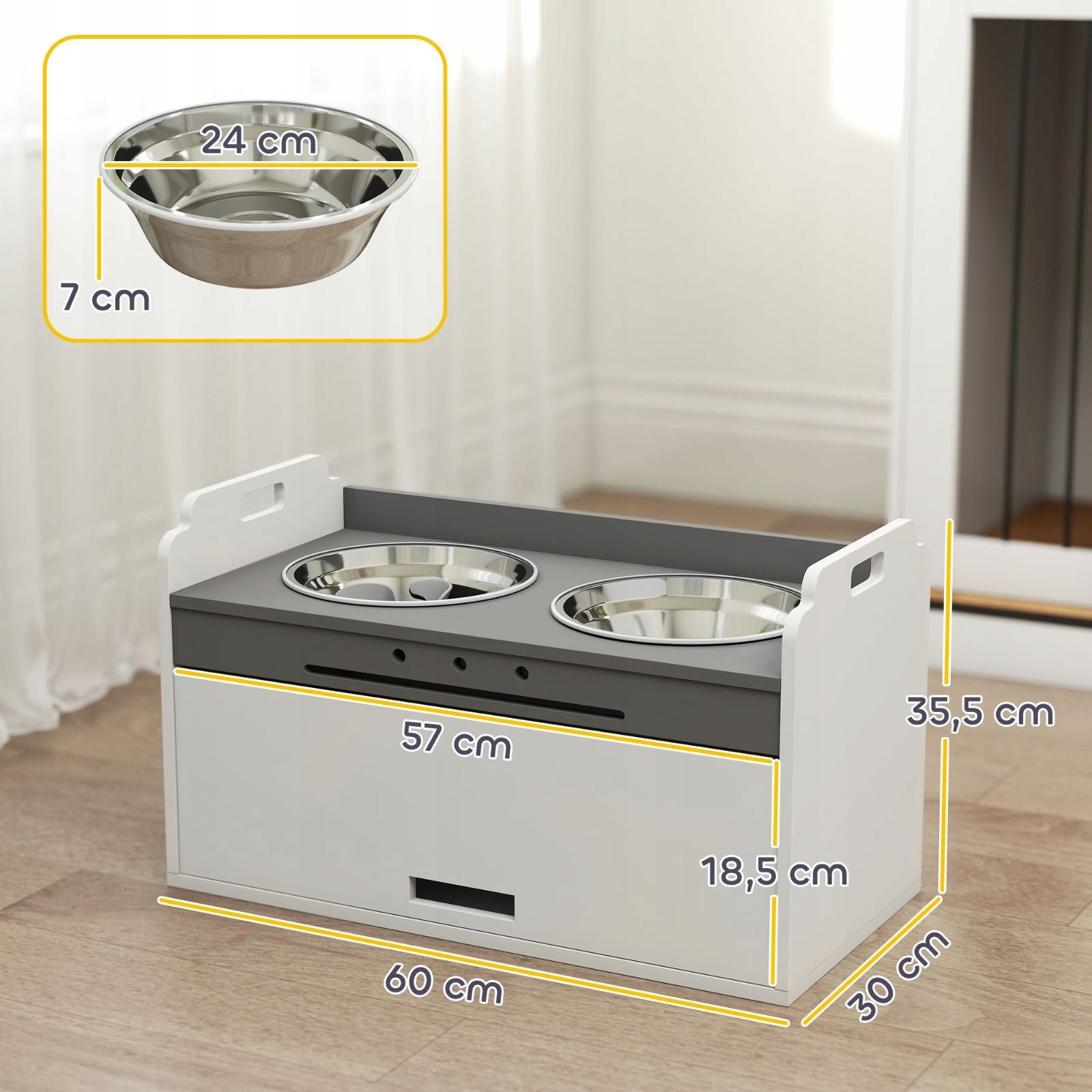 Elevated dog bowl with cabinet, 2 bowls, white, 60 x 30 x 35,5 cm Color white black