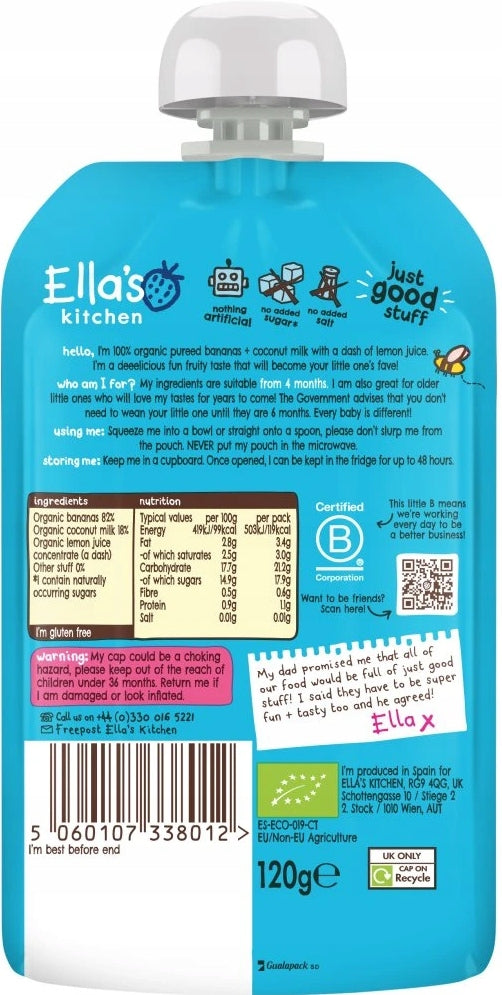 Ella's Kitchen Bio Banana and Coconut Dessert from 4 Months Onwards 130 g EAN (GTIN) 5060107338012