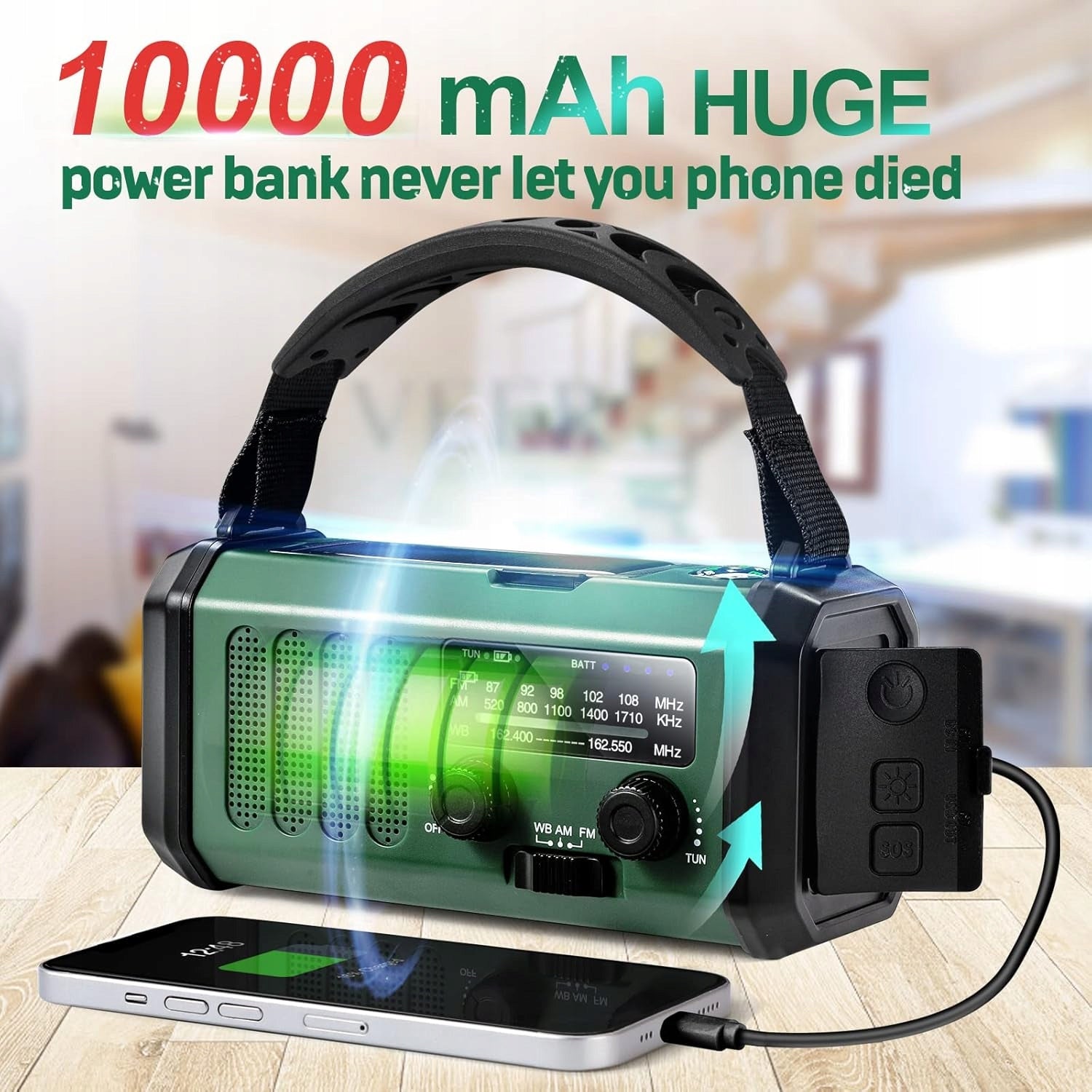 Emergency Radio Solar Weather AM FM SOS with USB Charger and Compass 10000mAh Brand no brand