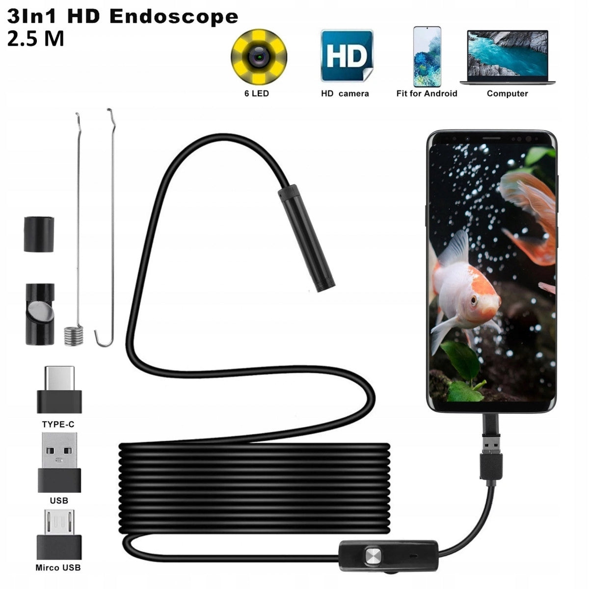 Endoscopic camera for Android phone, laptop and computer, with cable 2