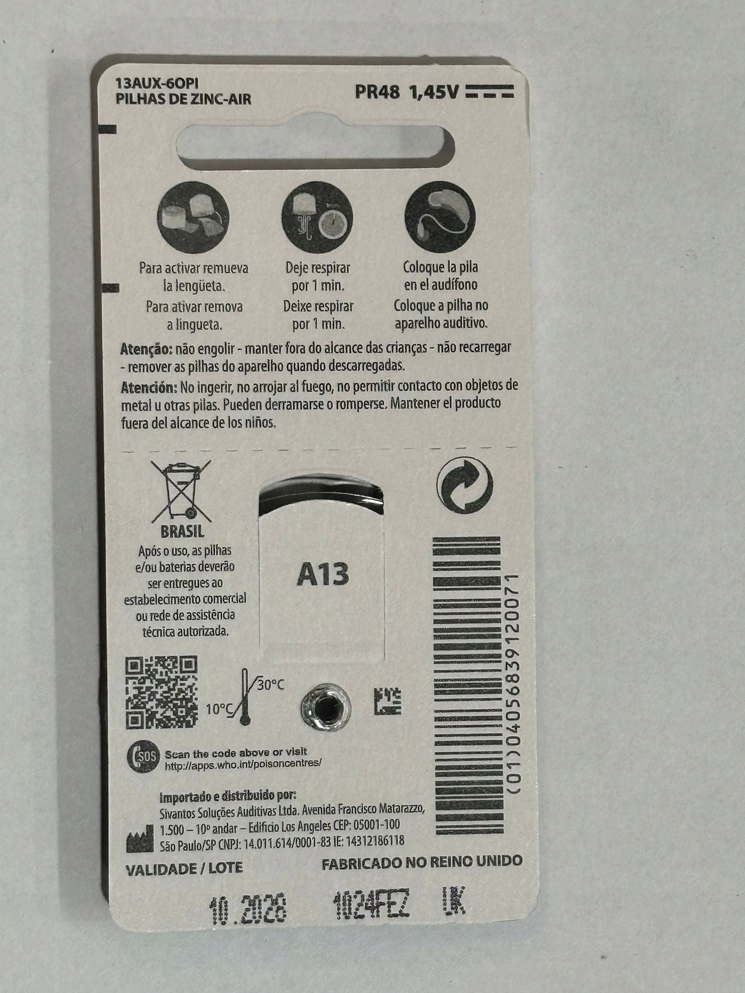 Energizer batteries for hearing aids blister 6x10 pcs 1,45V 13 / PR48 Medical device no