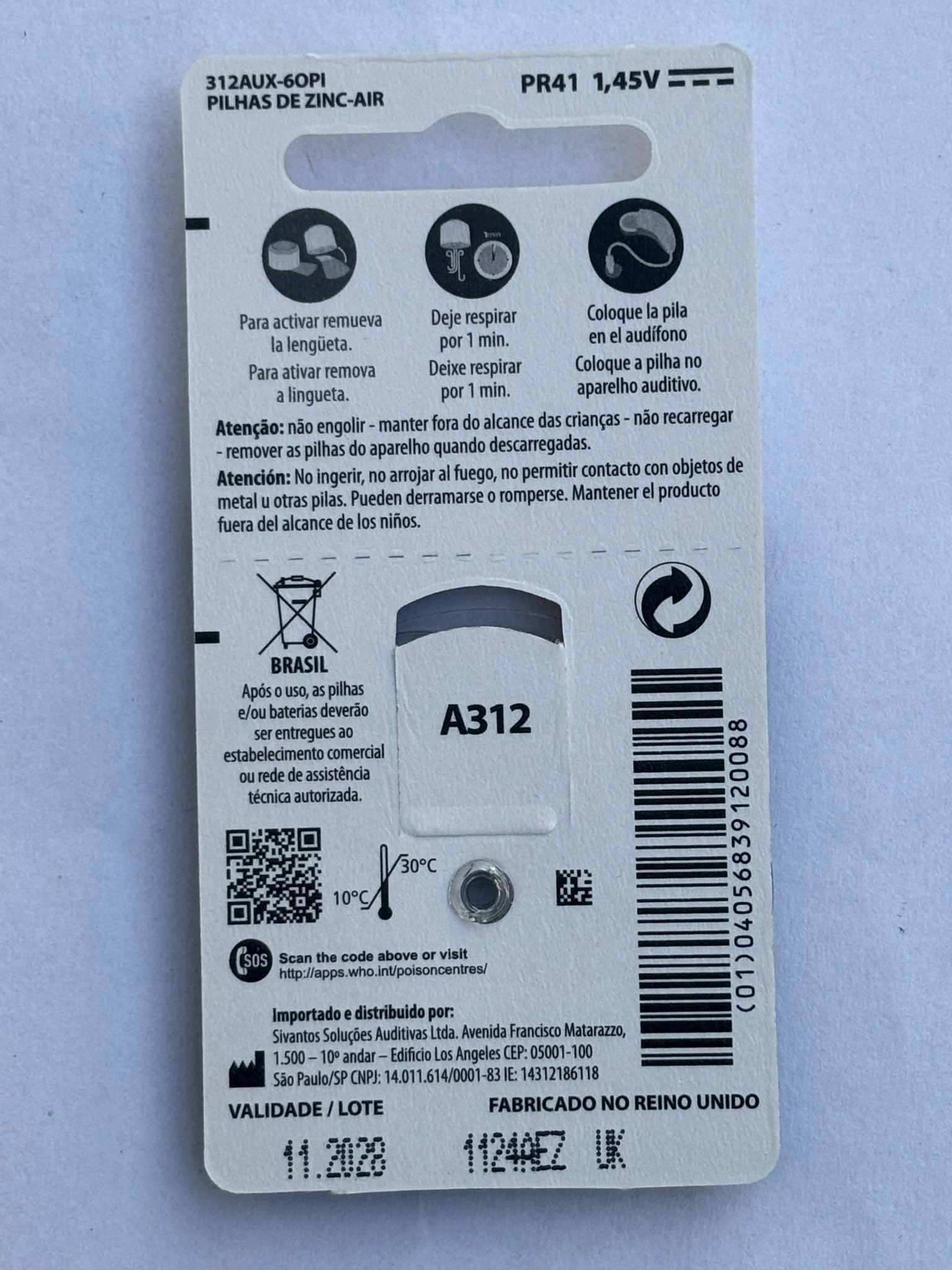 Energizer hearing aid batteries blister 6x10 pcs 1,45V 312 PR41 Medical device no