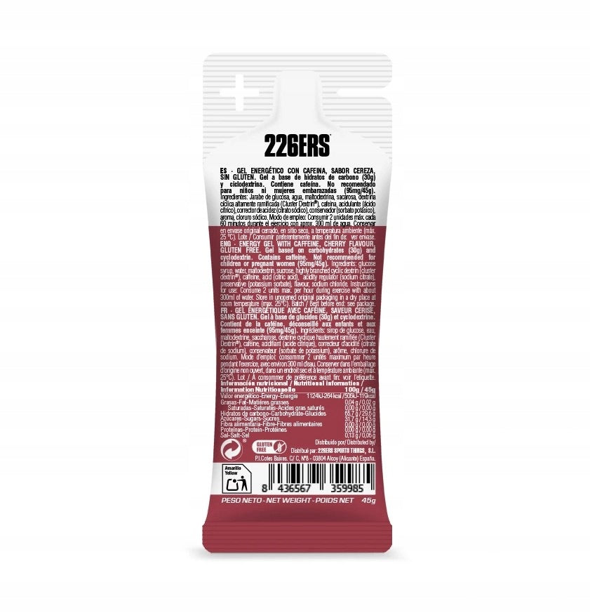 Energy gel 226ERS XS HIGH ENERGY GEL 45GR CAFFEINE CHERRY 95MG Expiration date at least six months from the date of purchase