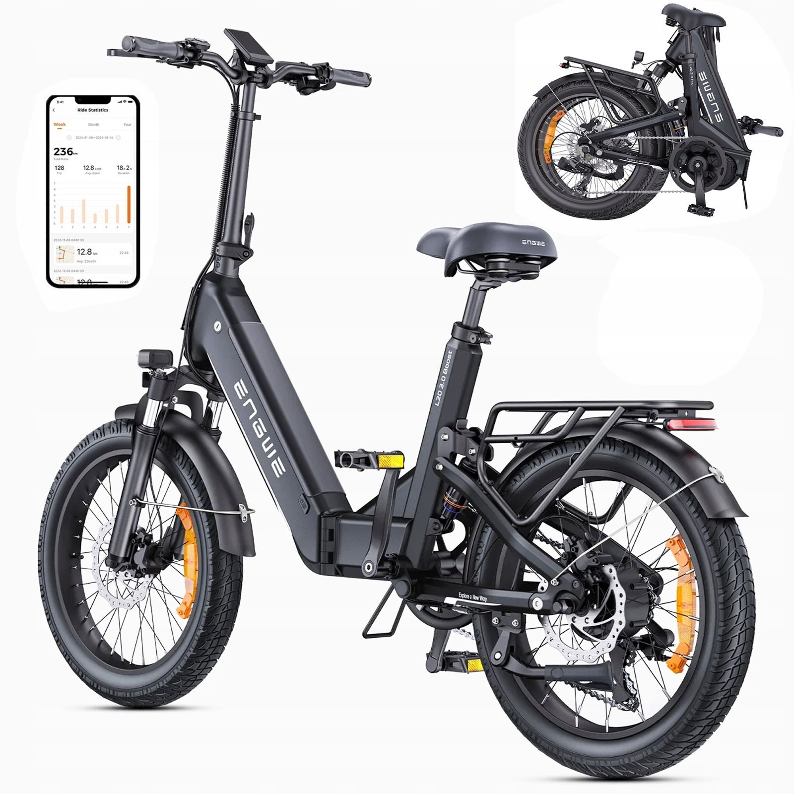 Engwe L20 3.0 Folding Electric Bike 13.5AH 120KM Oil Brake With APP