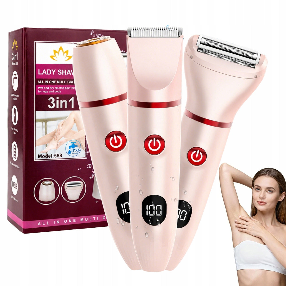 Epilator Women's Shaver Bikini Leg Body Dry/Wet Painless Pink