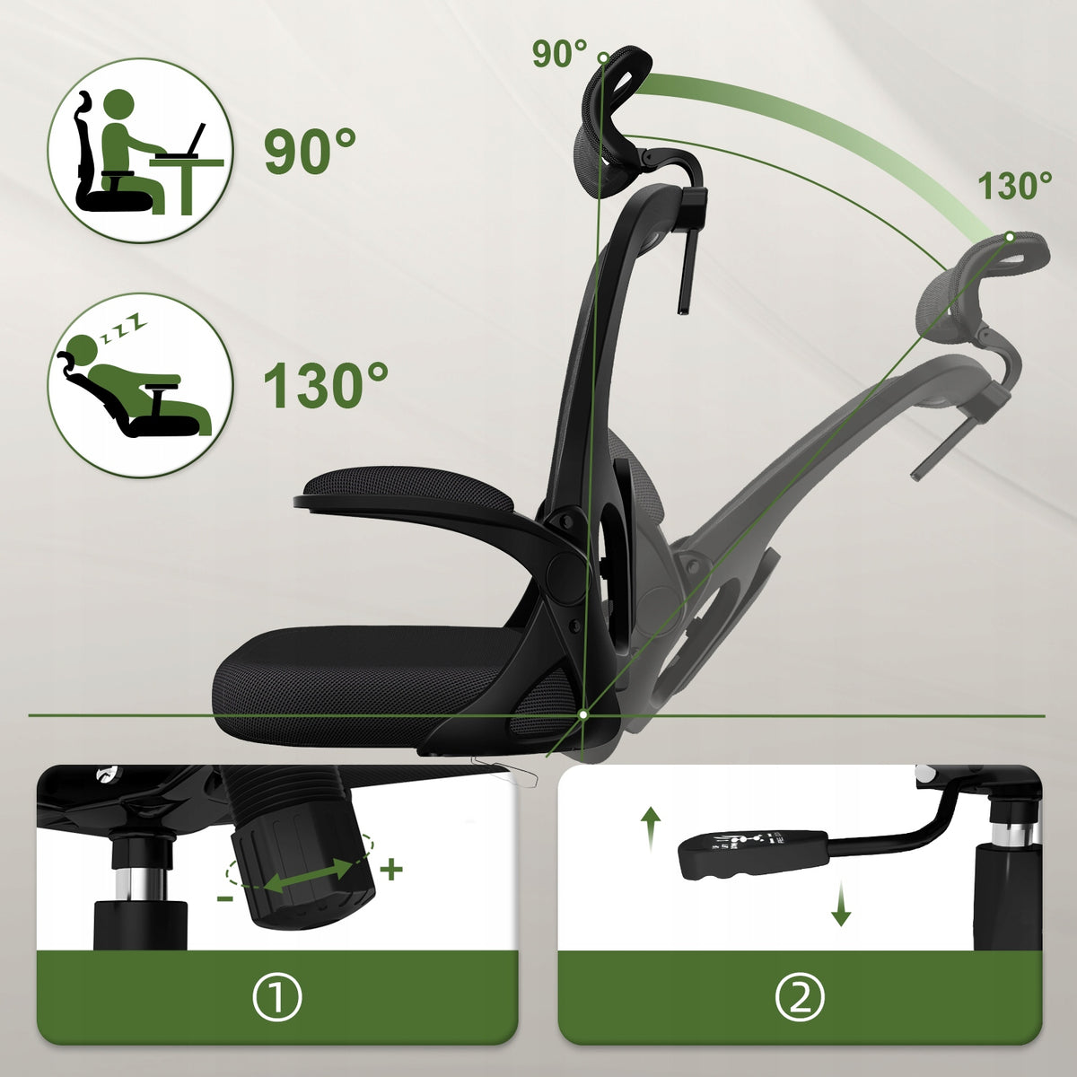 Ergonomic Chair Office Chair Swivel Chair Black Foldable Armrest 150kg Manufacturer code RY296