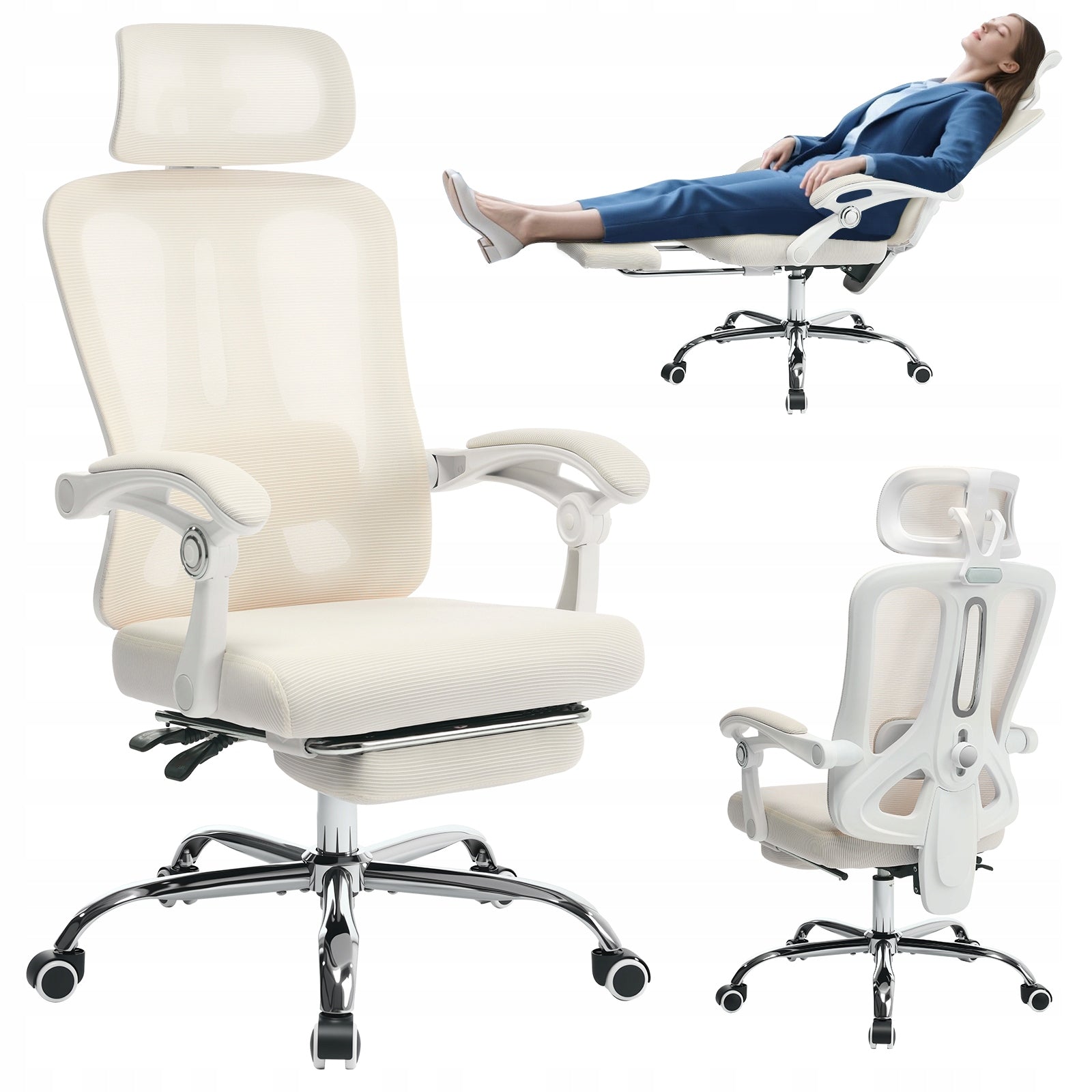 Ergonomic Office Chair with Footrest, Headrest, 360 Swivel, White Brand no brand