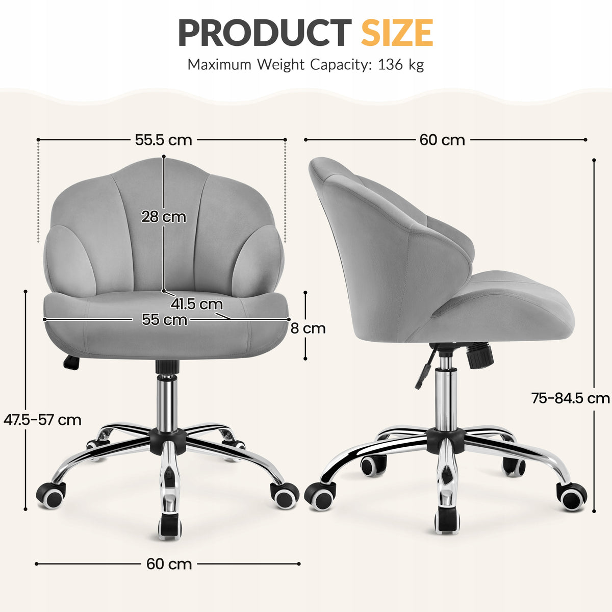 Ergonomic Swivel Chair, Adjustable Height, Wheels, Grey Packaging status original