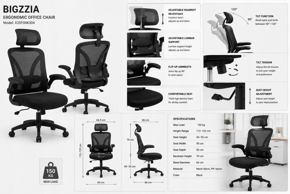 Ergonomic swivel chair with adjustable mesh support BLACK