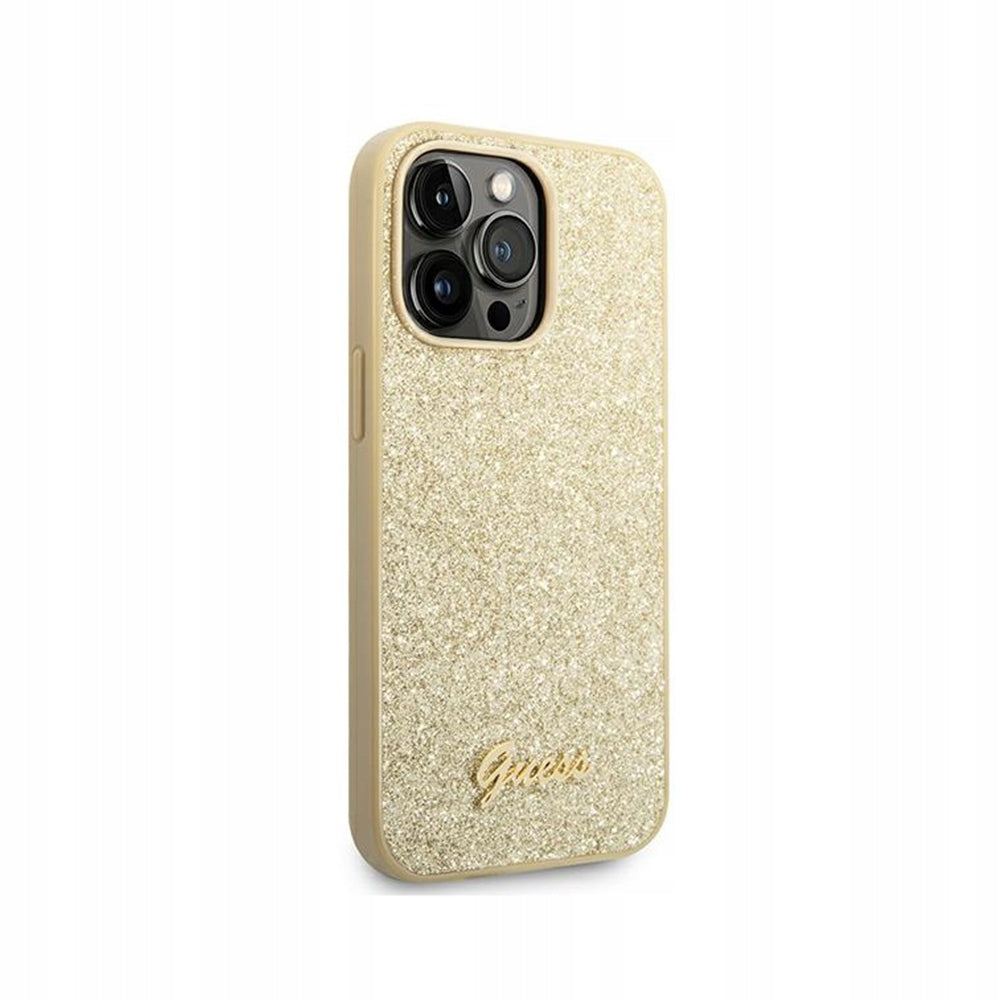Guess PC/TPU Glitter Flakes Metal Logo Hülle für iPhone 14 Pro, Gold