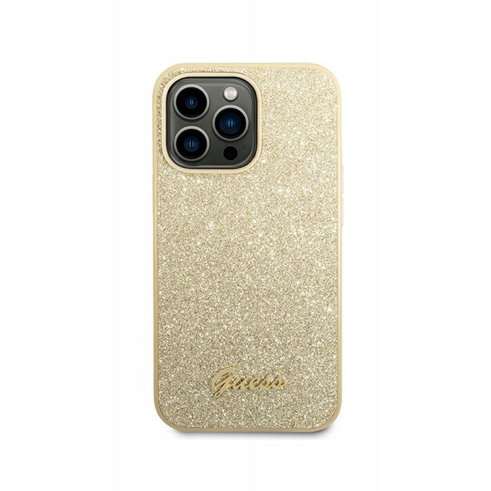 Guess PC/TPU Glitter Flakes Metal Logo Hülle für iPhone 14 Pro, Gold