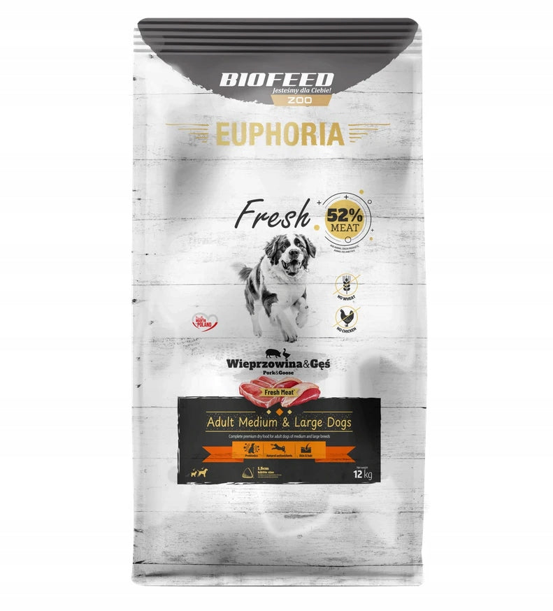 Euphoria Fresh Pork Goose M/L 12 kg + 10 sachets tasty dog 150g Manufacturer code 6111179786
