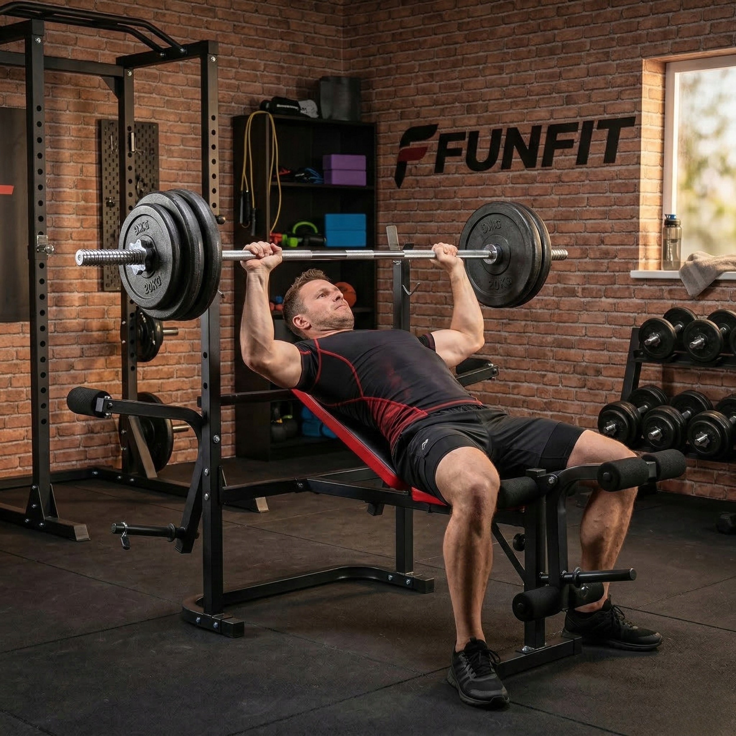 Exercise bench adjustable with barbell racks strength training FUNFIT Brand Funfit