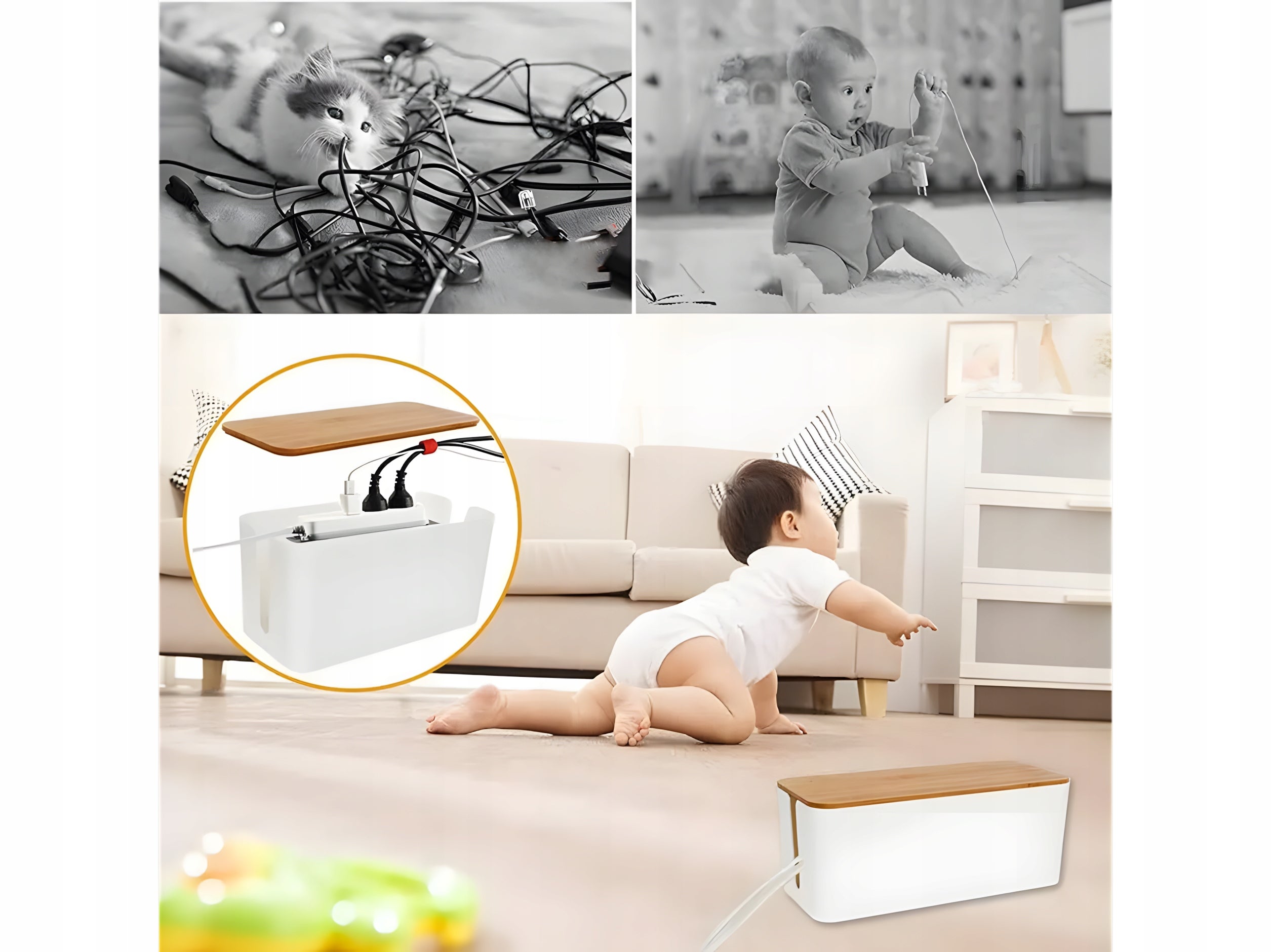 Extension Cable Organizer White + Wood - M Box Brand Orzeszku