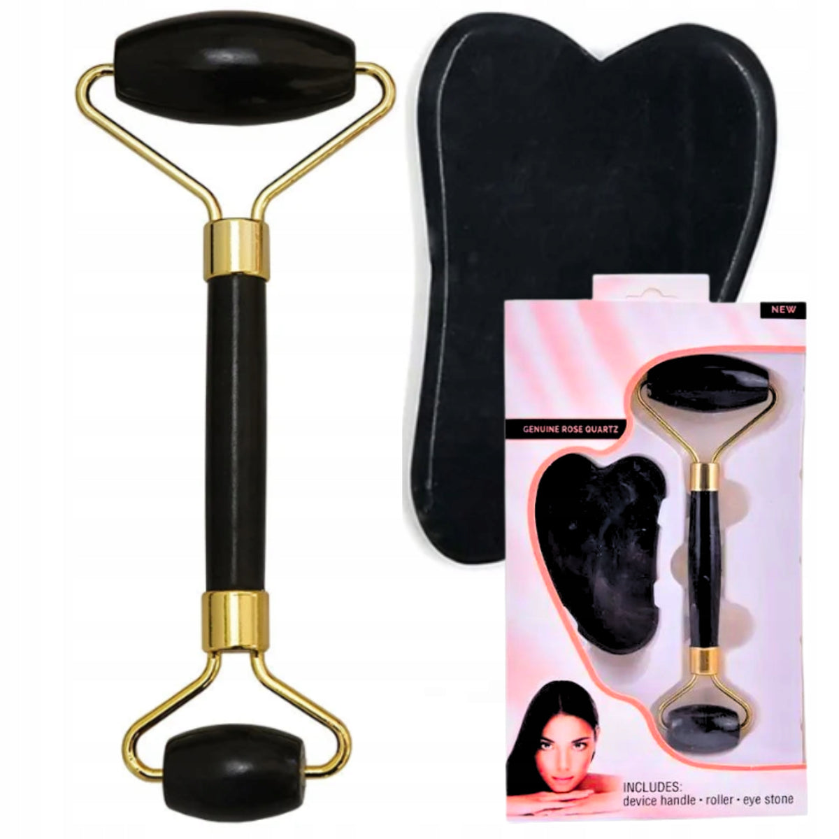 FACE ROLLER + GUA SHA + BOX - BLACK - FOR GIFT