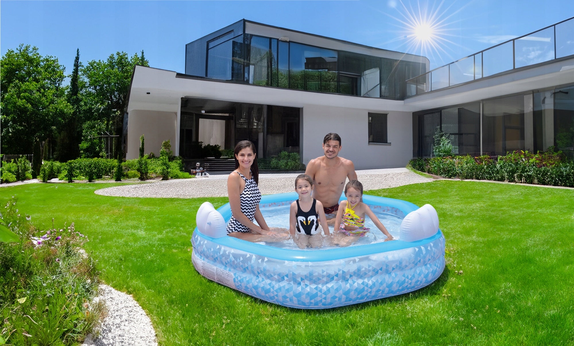 FAMILY GARDEN POOL EXPANSION INFLATABLE Avenli 223x221cm 3x SEAT Height 45 cm