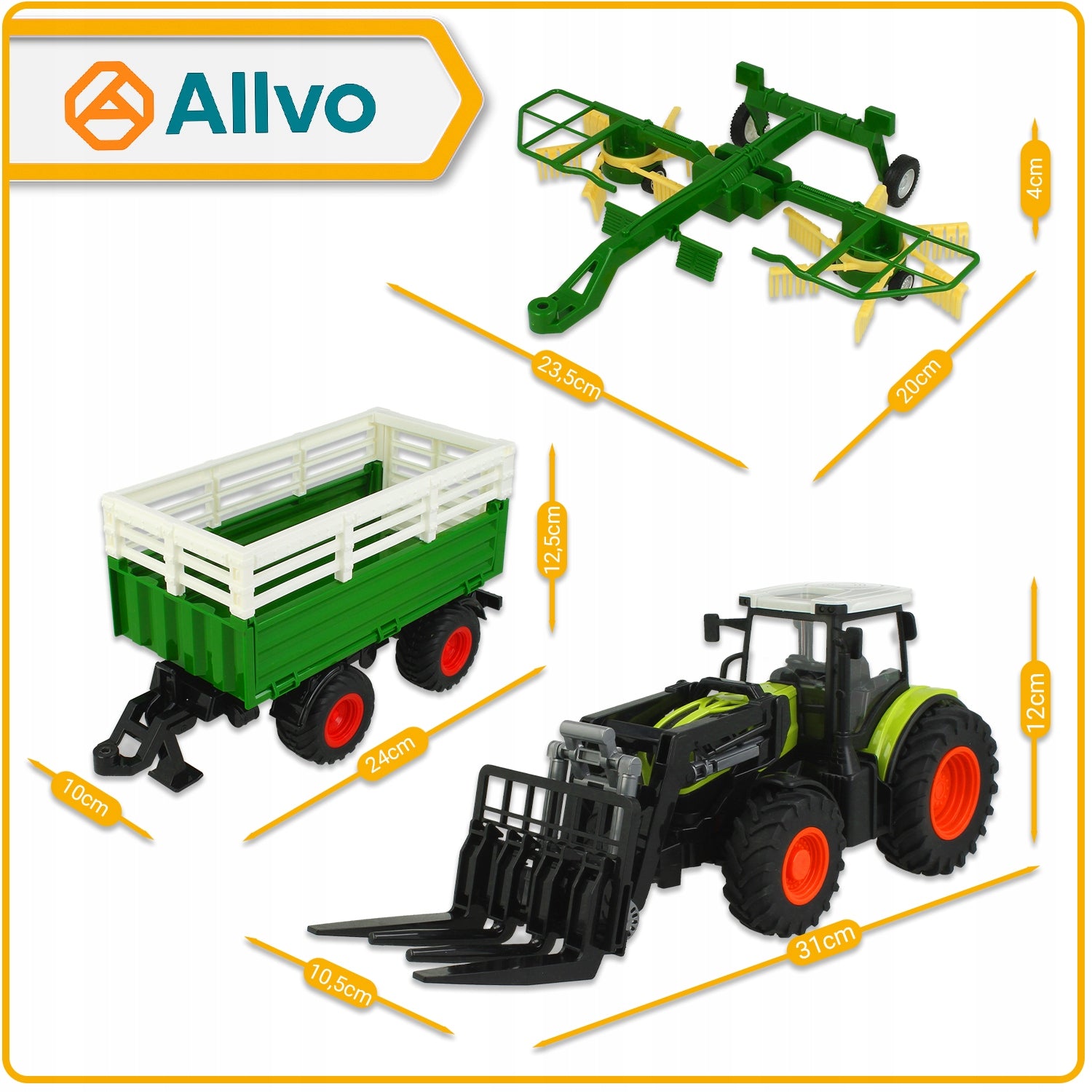 FARMER SET TRACTOR REMOTE CONTROLLED LED LIGHTS + TRAILER RAKE Kid's age 3+ years