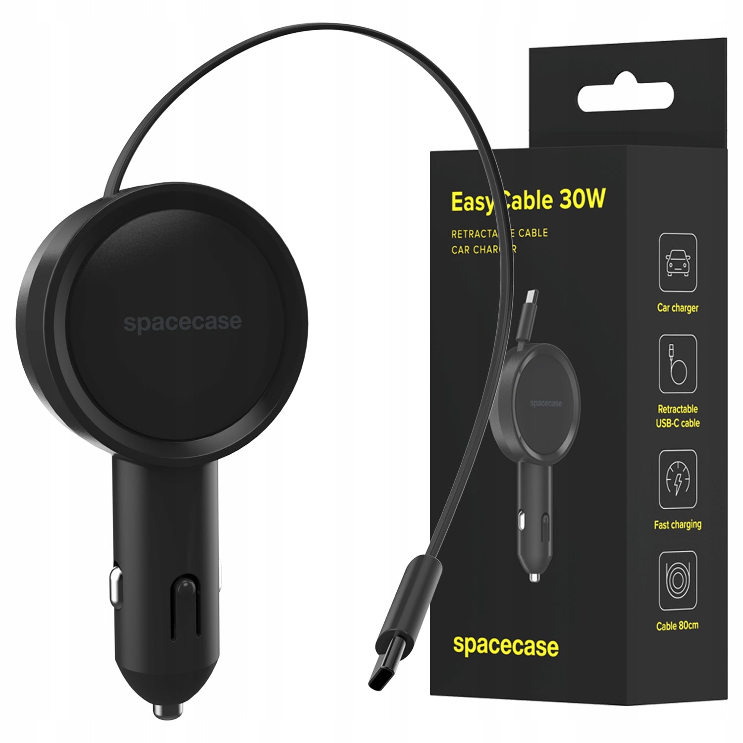 FAST CAR CHARGER BUILT-IN USB-C PD CABLE 30W QC 3.0 PPS