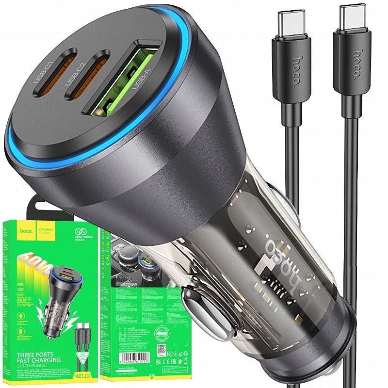 FAST CAR CHARGER FAST CHARGING 60W 2 x USB-C + USB-A LED