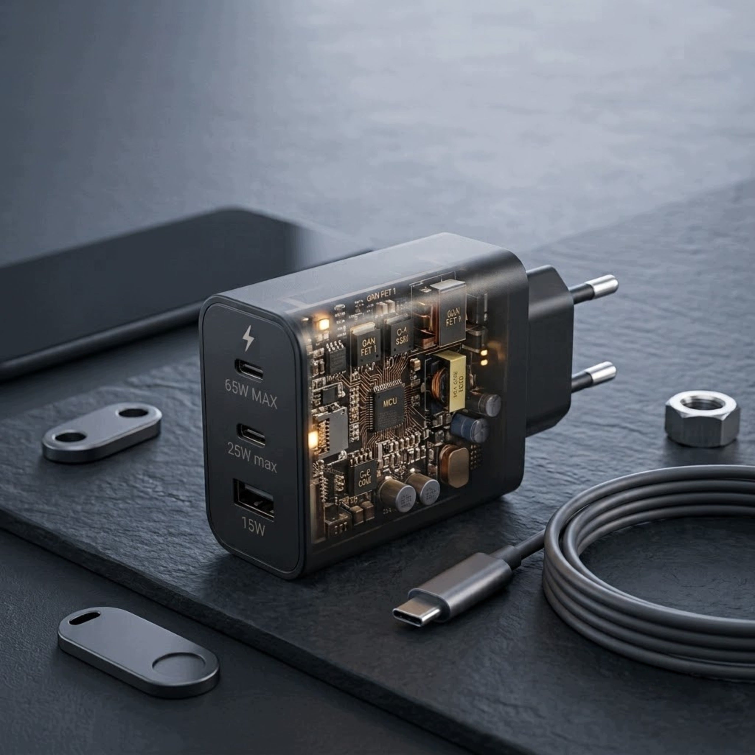 FAST CHARGER 65W TYPE-C CABLE 1M PD SET 2 x USB-C USB-A QC Manufacturer code SZYBKA ŁADOWARKA USB-C 65W FAST CHARGING MOC