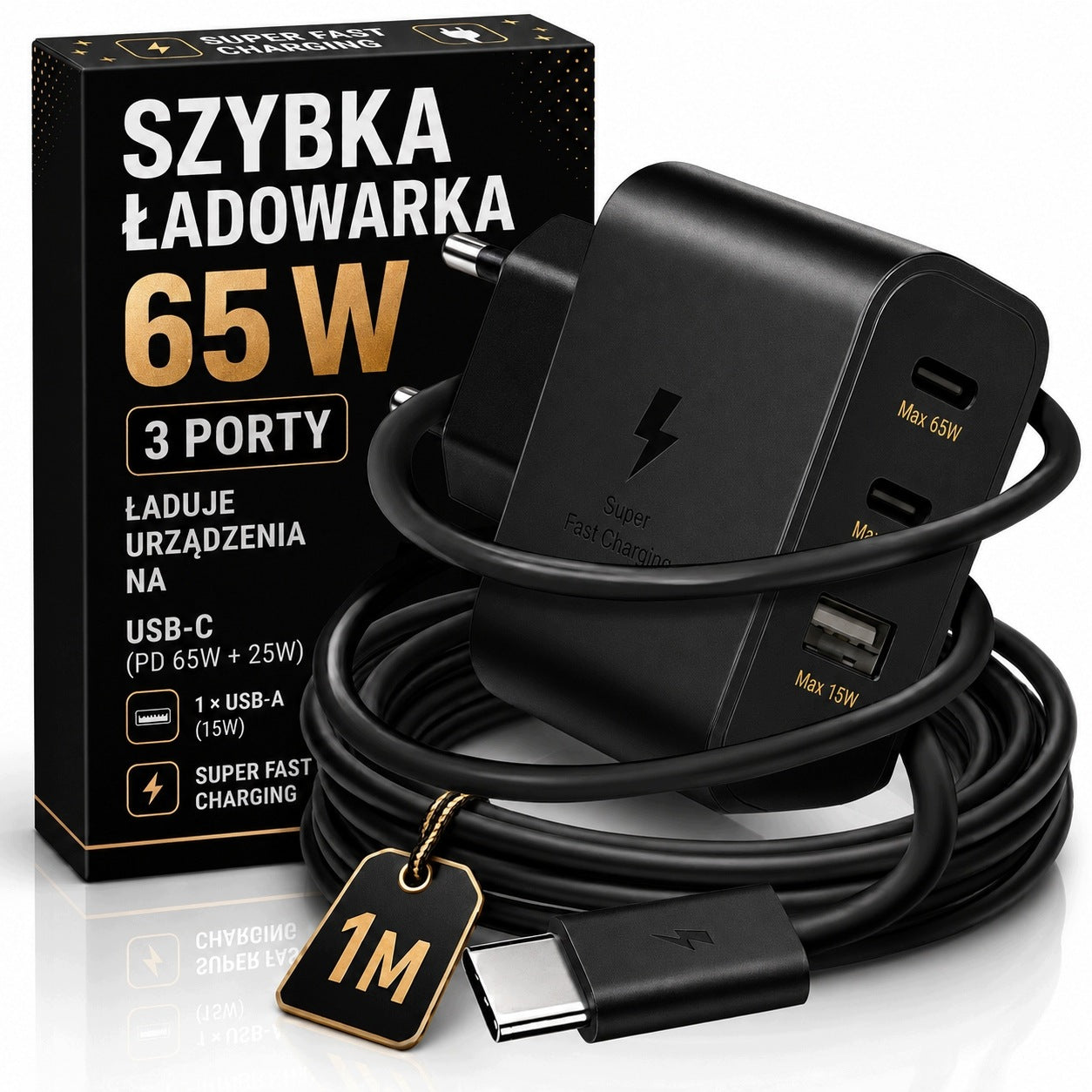 FAST CHARGER 65W TYPE-C CABLE 1M PD SET 2 x USB-C USB-A QC