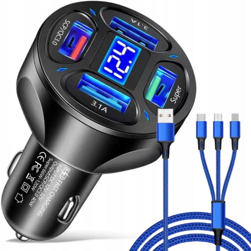 FAST Car Charger 4xUSB 7A POWERFUL 66W 3xQC FAST 3IN1 CABLE