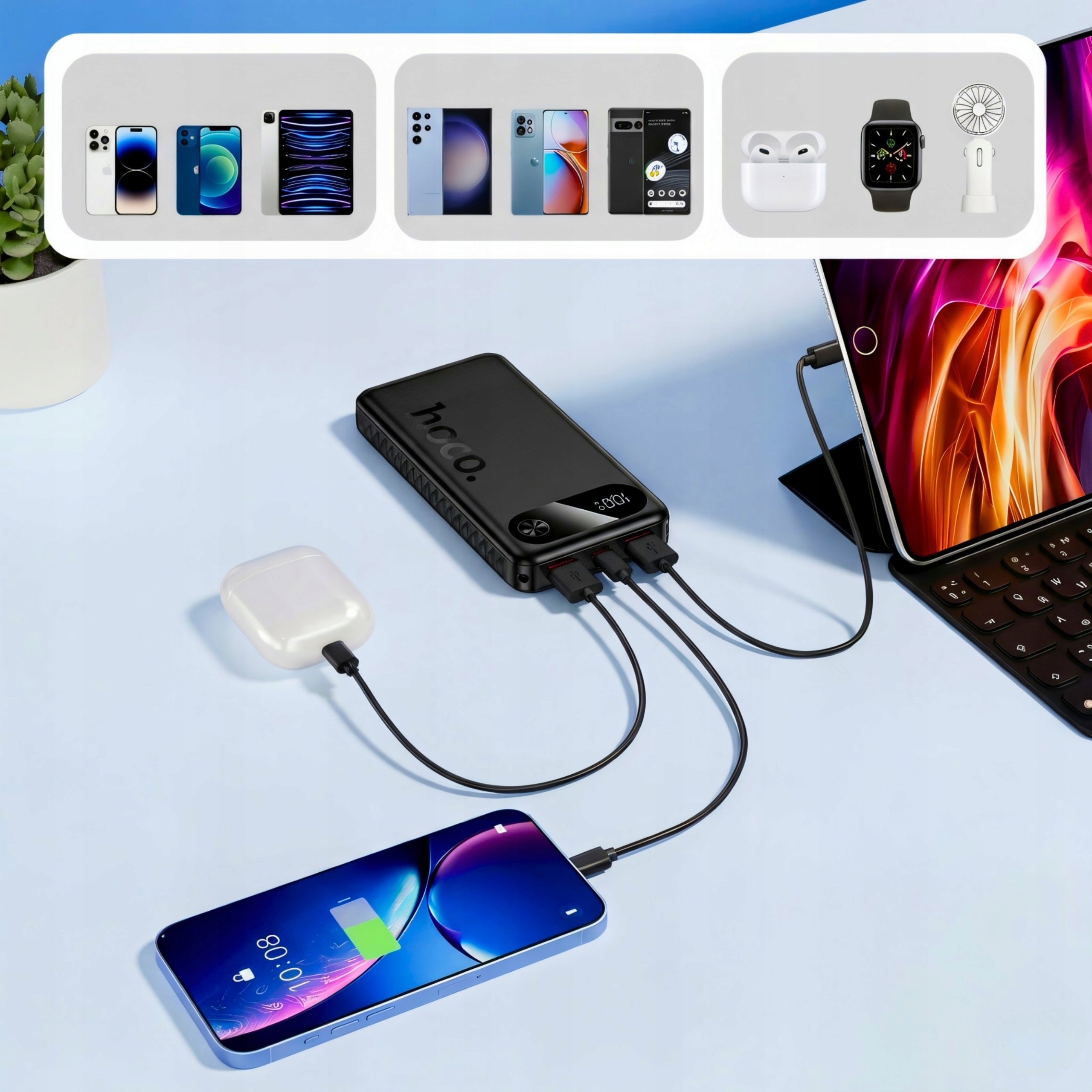 FAST POWERBANK 10000 mAh 22,5W 2x USB QC 3.0 USB-C PD 3.0 TRAVEL LIGHTWEIGHT Manufacturer code MOCNY POWER BANK 10000mAh 22,5W LEKKI + KABEL